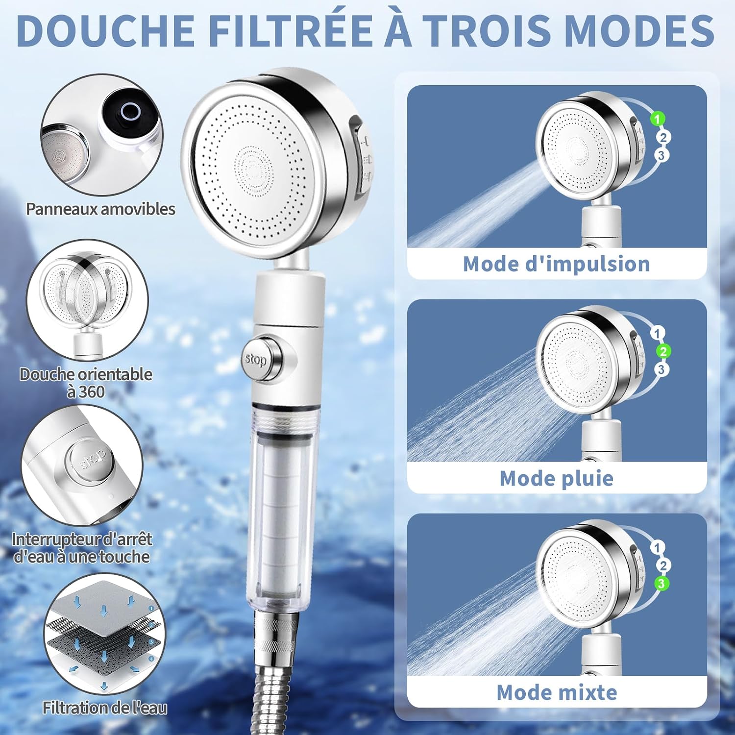 Thumbnail 3 de Douche de camping YOOHBERRYS avec filtrage triple et seau pliable 20 L, 6000 mAh, recharge USB-C