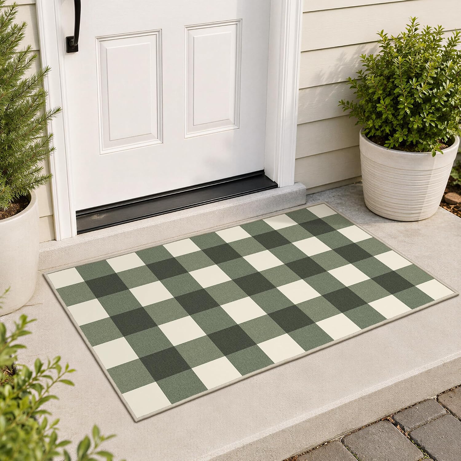 Detalle de GENIMO 2.3 x 3.6 Rug, Sage Green Washable Outdoor Buffalo Check