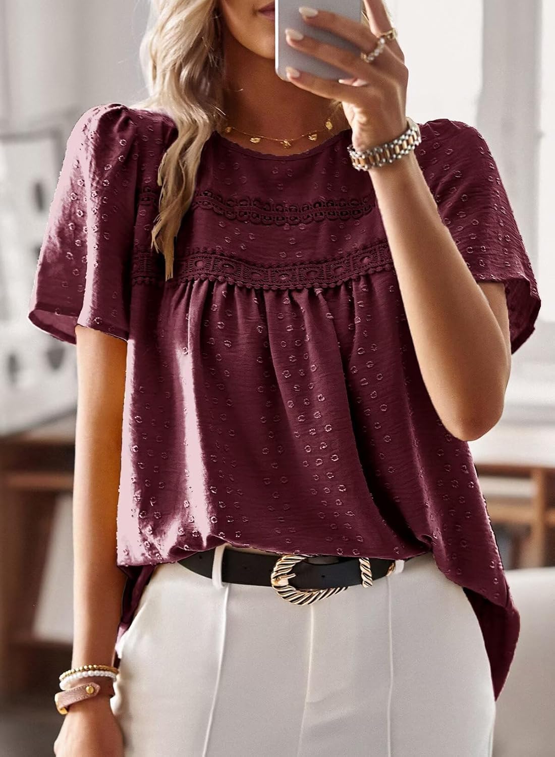 Detalle de TUUHAW Top Damen Sommer Boho Bluse Kurzarm mit Häkelspitze – Rundhals, Fließend, Lässig