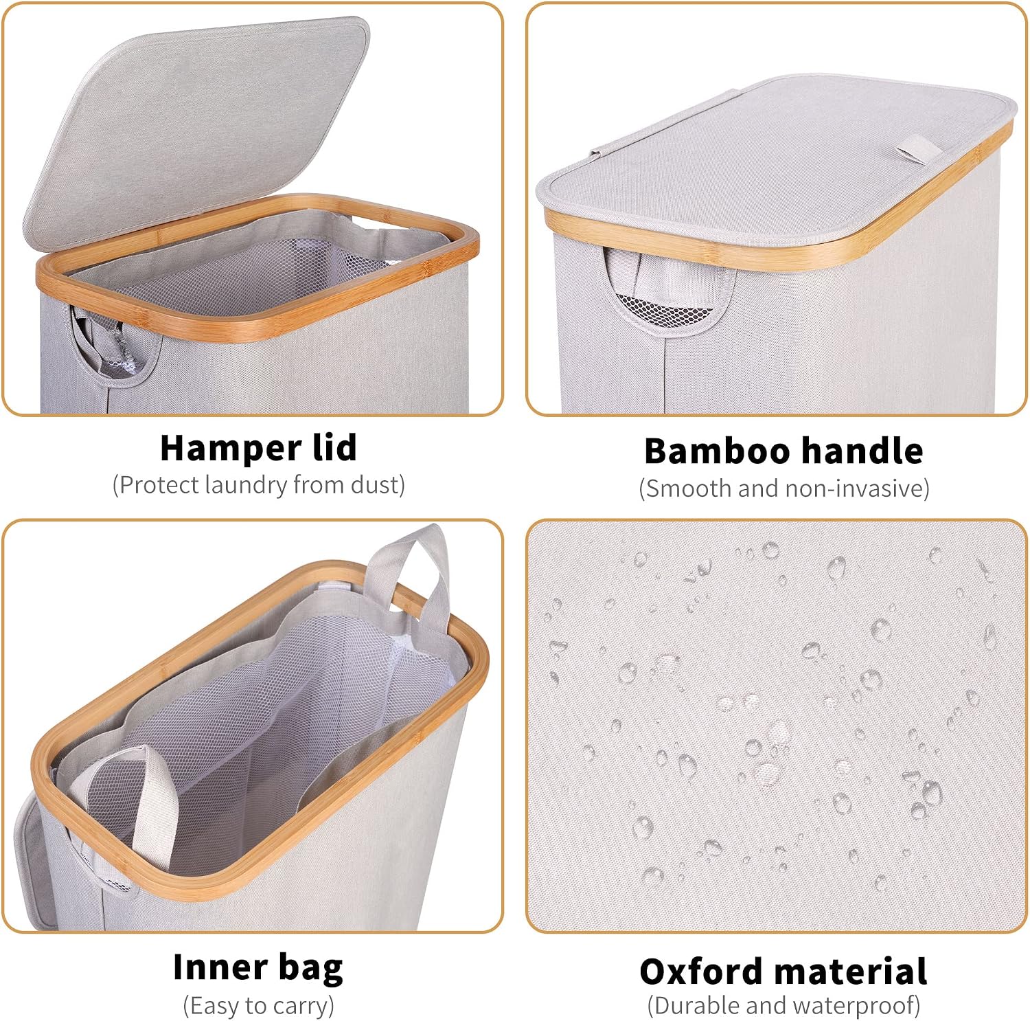 Thumbnail 3 de iEGrow 65L Slim Washing Basket with Removable Inner Bag, Bamboo Handle and Lid (Light Grey)
