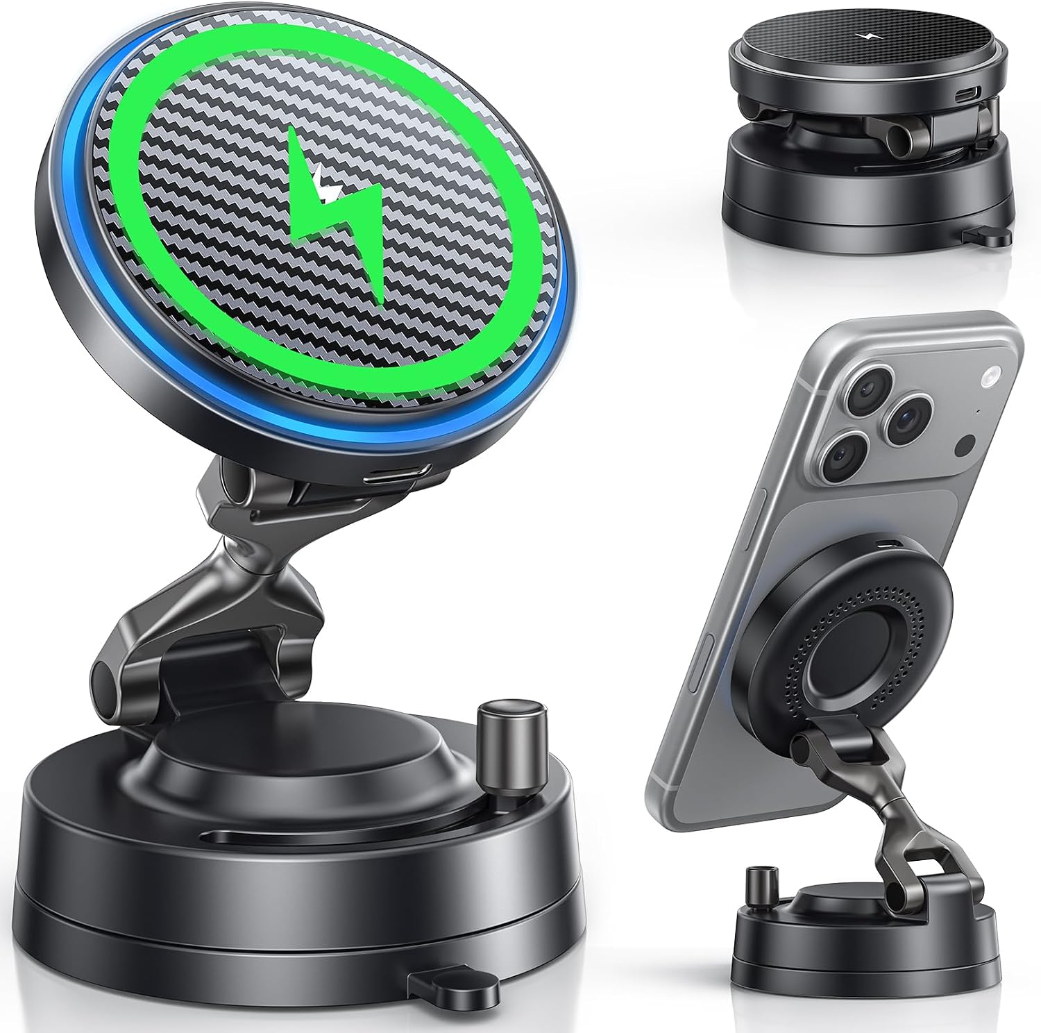 Detalle de OANDYS MagSafe Car Mount Charger 15W – Fast Wireless, 360° Spin, Strong Vacuum & Magnetic Hold