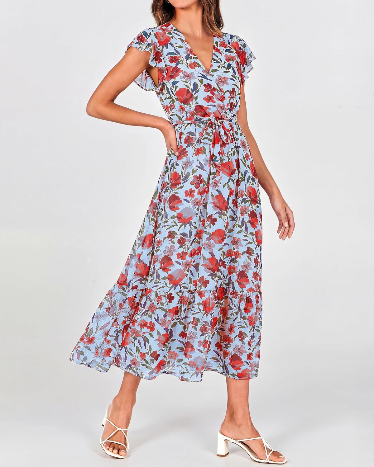 Thumbnail 2 de BTFBM Women Summer Bohemian Floral Wrap Midi Dress with V-Neck, Ruffle Cap Sleeves, and Belt – White