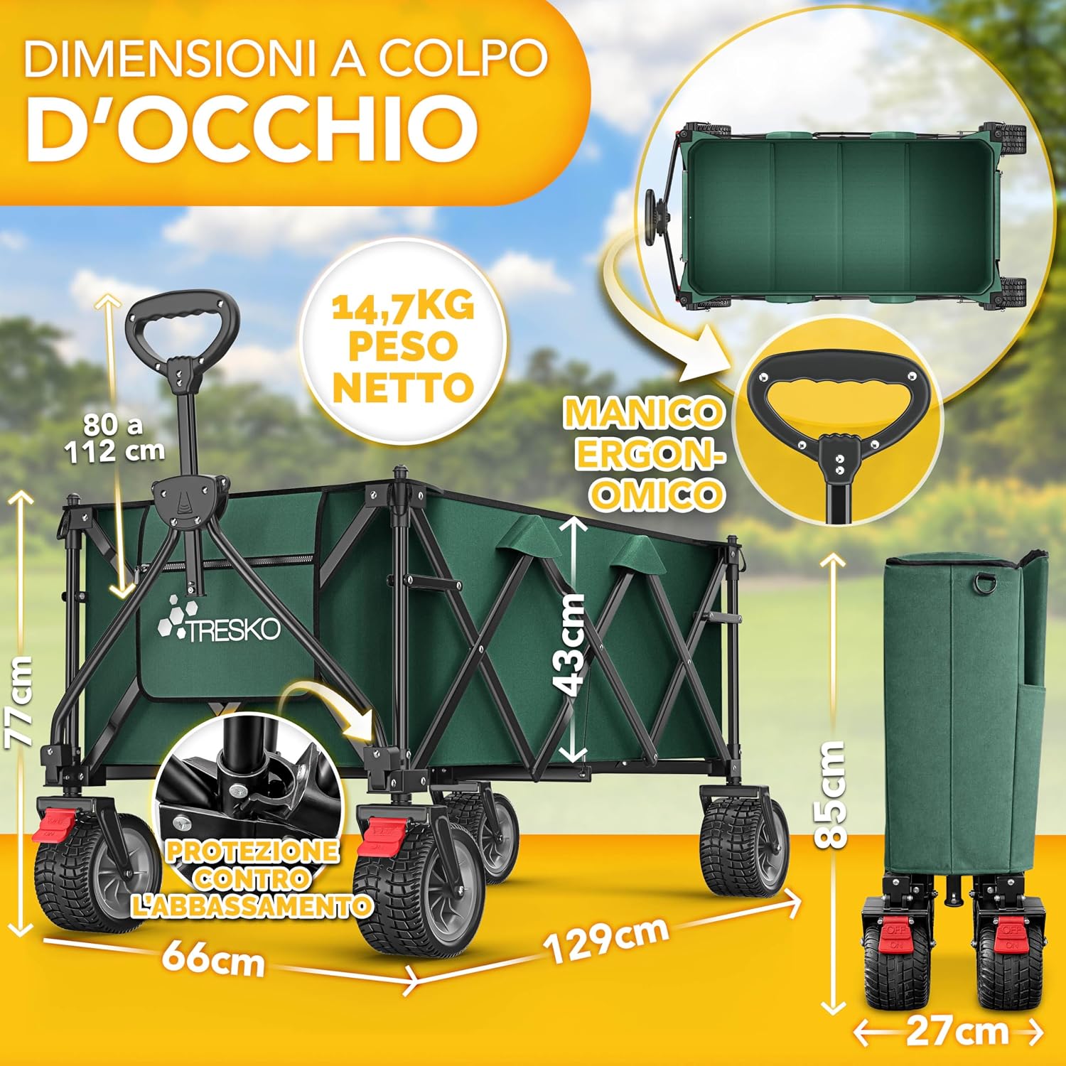 Detalle de TRESKO Carrello pieghevole 300 l con freno – capacità 150 kg, ruote extra large e pneumatici pieni