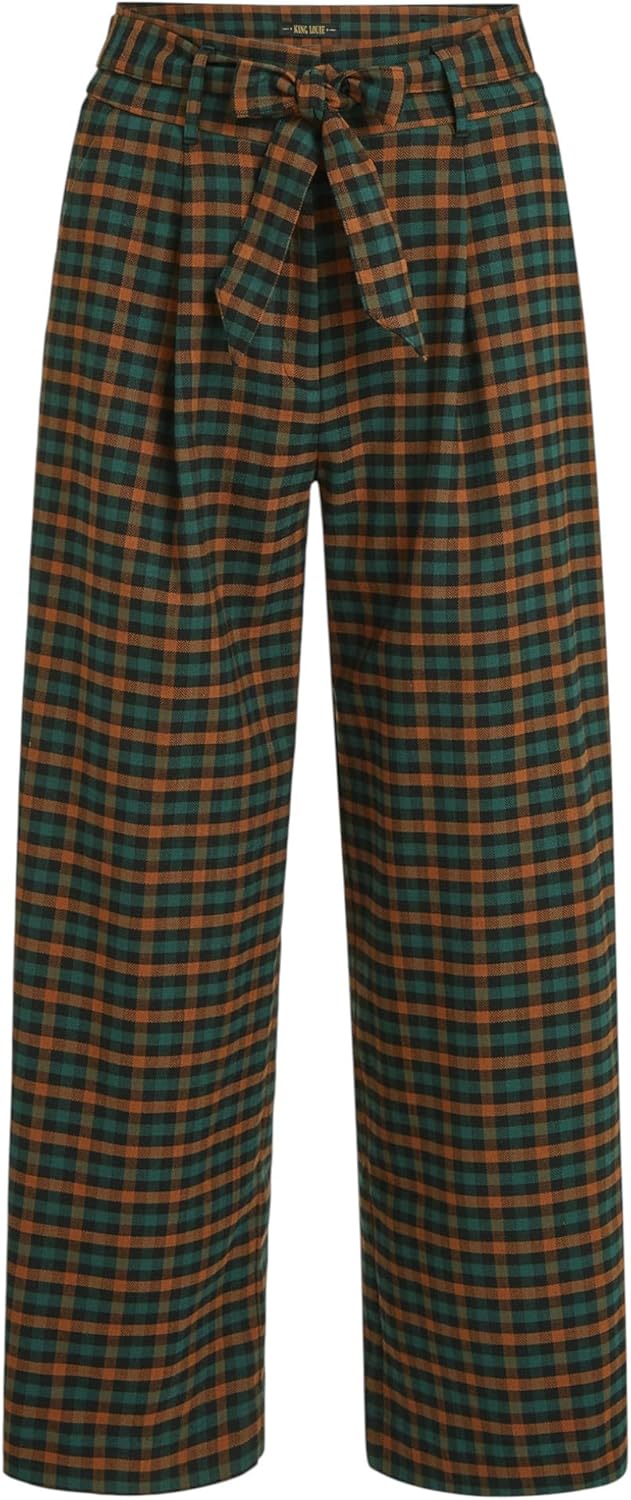 Detalle de King Louie Damen Hose AVA Pants Brook Check – Karomuster, Wide-Leg mit Bindegürtel