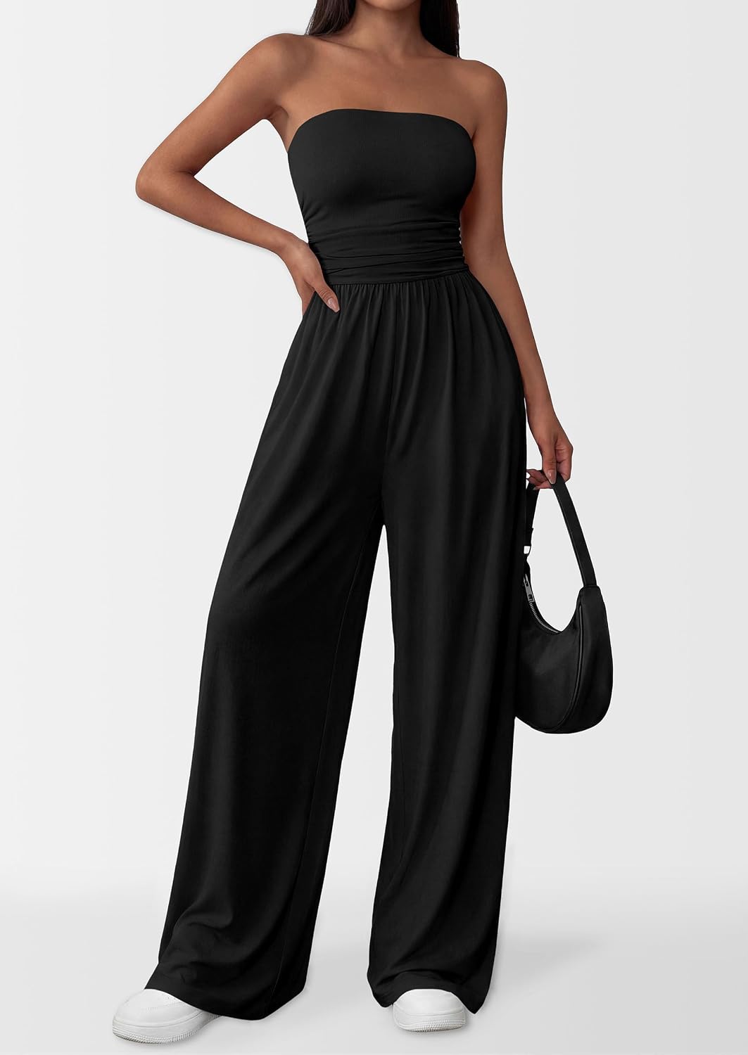 Detalle 2 de PRETTYGARDEN Womens Trendy Strapless Rompers 2026 Ruched Tube Top Wide Leg One Piece Jumpsuits