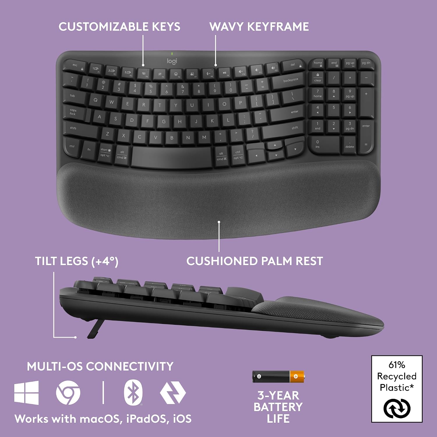 Detalle 2 de Logitech Wave Keys MK670 Wireless Ergonomic Keyboard and Mouse Combo, Graphite