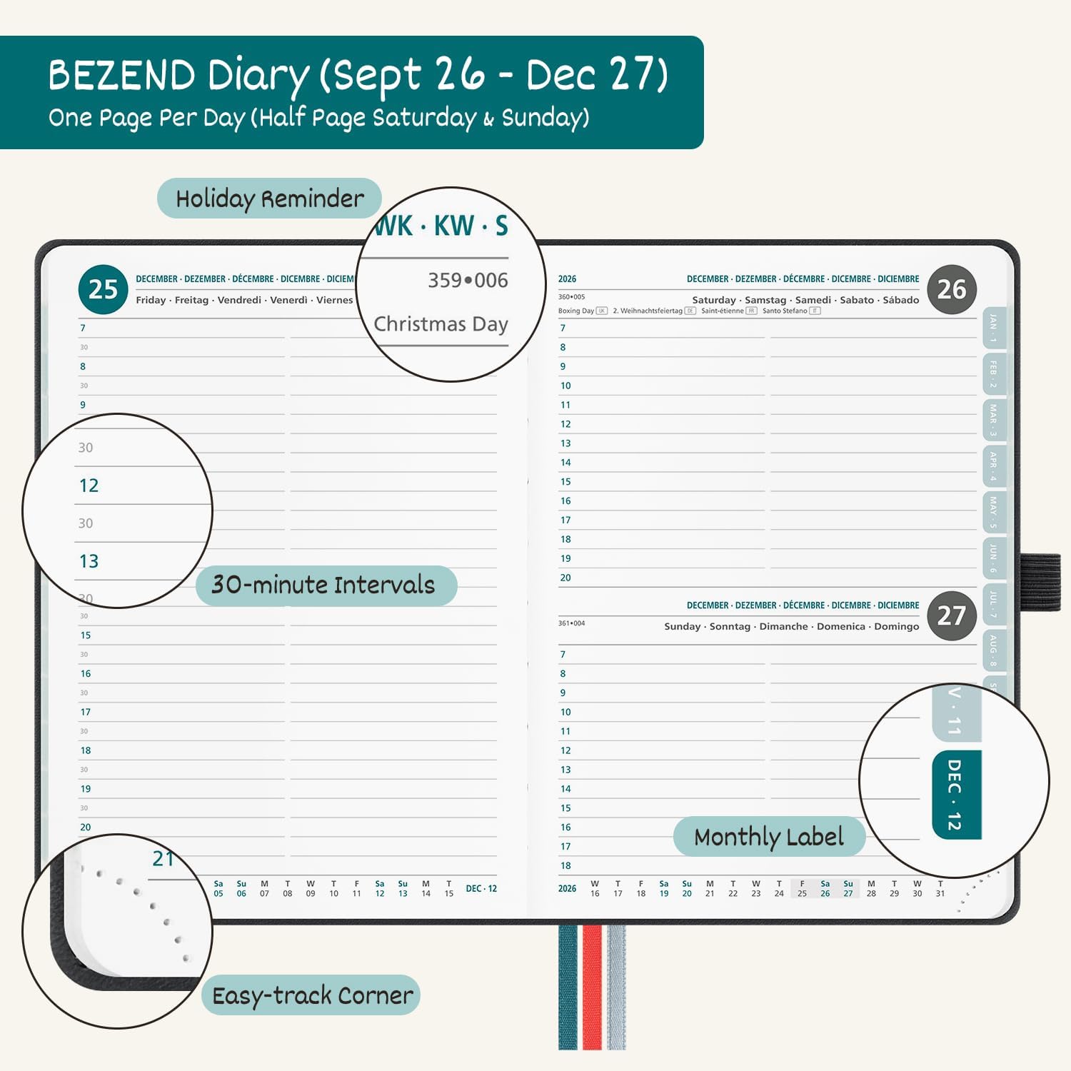 Detalle de BEZEND Academic Diary 2026-2027 Page A Day (Sept'26-Dec'27) Compact 18 x 13 cm – Lavender PU Leather