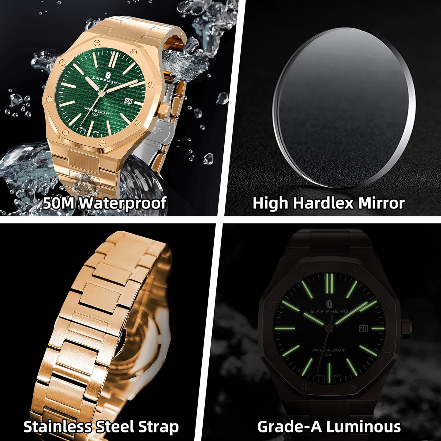 Thumbnail 5 de SAPPHERO Orologio Uomo Impermeabile 50M in Acciaio Inox, Quadrante Ottagonale 42 mm, Data Calendario Nero-Blu