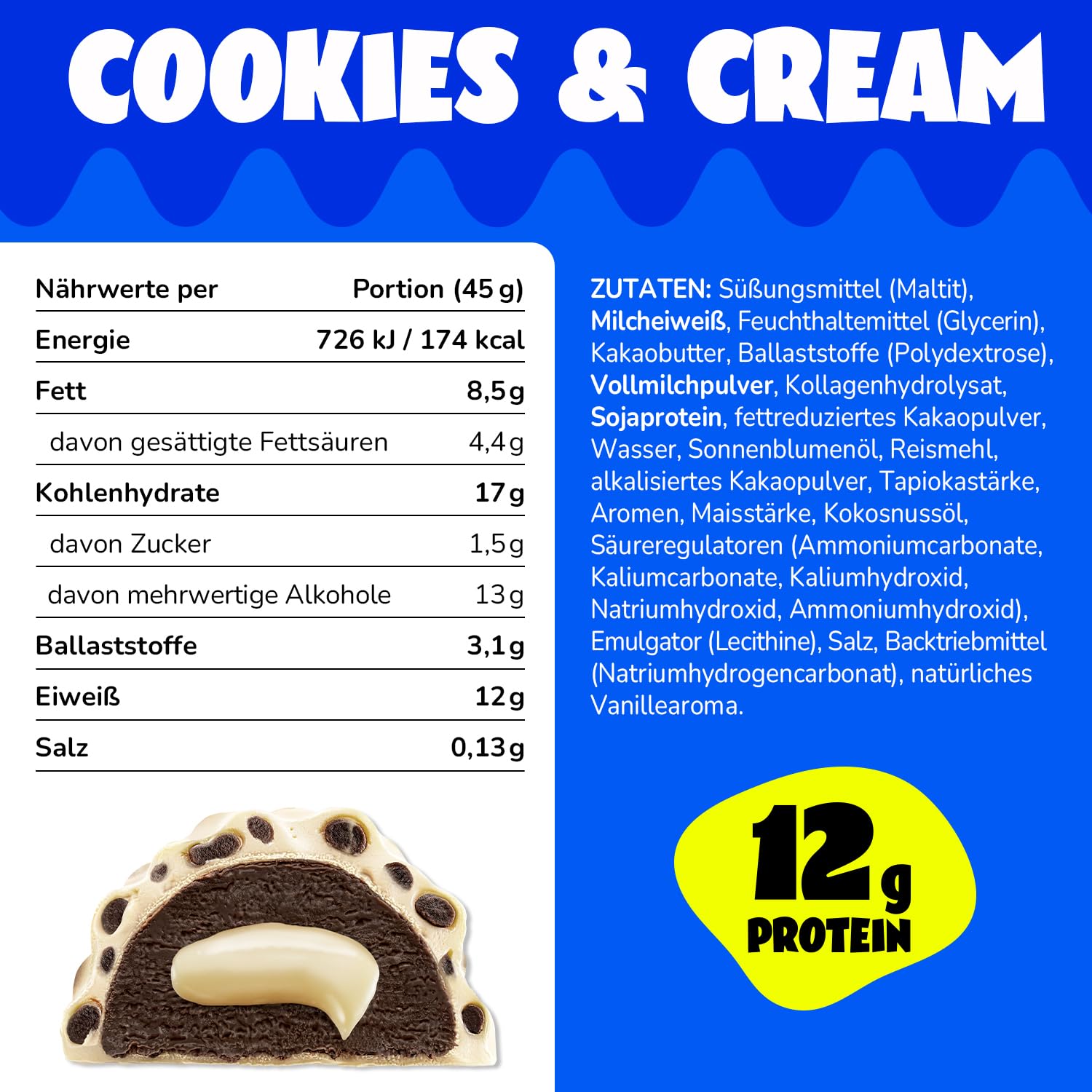 Detalle 2 de ahead Protein Riegel Cookies & Cream – 14x45 g, Extra softer, Low Carb & ohne Zuckerzusatz
