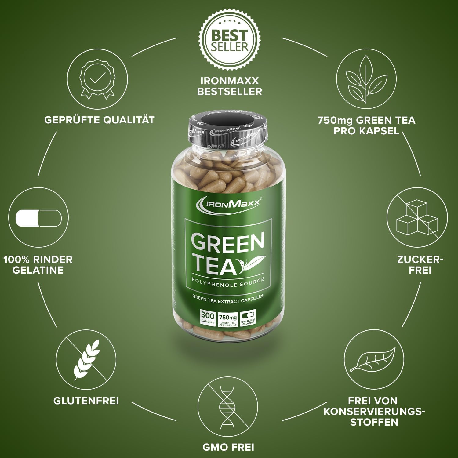Detalle de IronMaxx Green Tea – 300 Kapseln, Grüntee-Extrakt mit 339 mg EGCG und 180 mg Koffein pro Tagesdosis