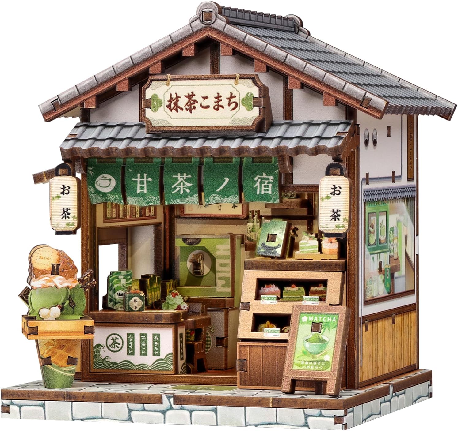Detalle de Cutefun Kit Casa in Miniatura DIY – Kyoto Matcha Cottage: Book Nook Giappone in legno, 128 pezzi