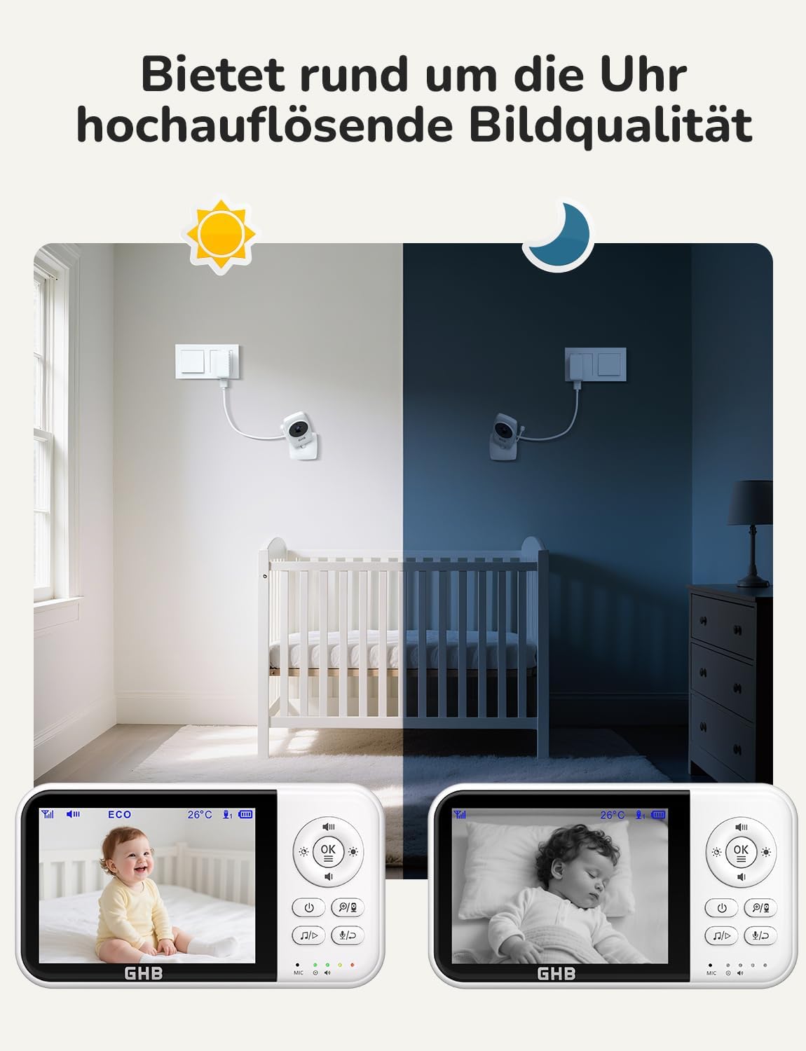 Thumbnail 3 de GHB Babyphone mit Kamera 3,2 Zoll Weiß – kabelloser Monitor ohne WLAN