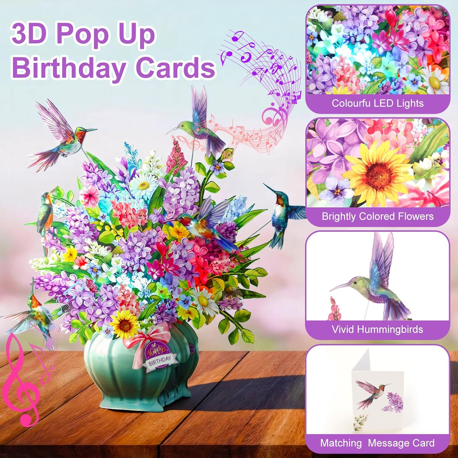 Thumbnail 2 de Hummingbird Oasis musical & light 3D pop-up “Happy Birthday” card (10-inch)