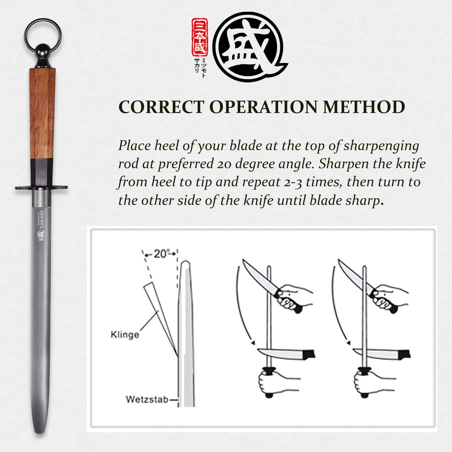 Detalle de MITSUMOTO SAKARI MS-1195-10-IT 10-Inch Knife Sharpening Rod, Black Diamond Steel