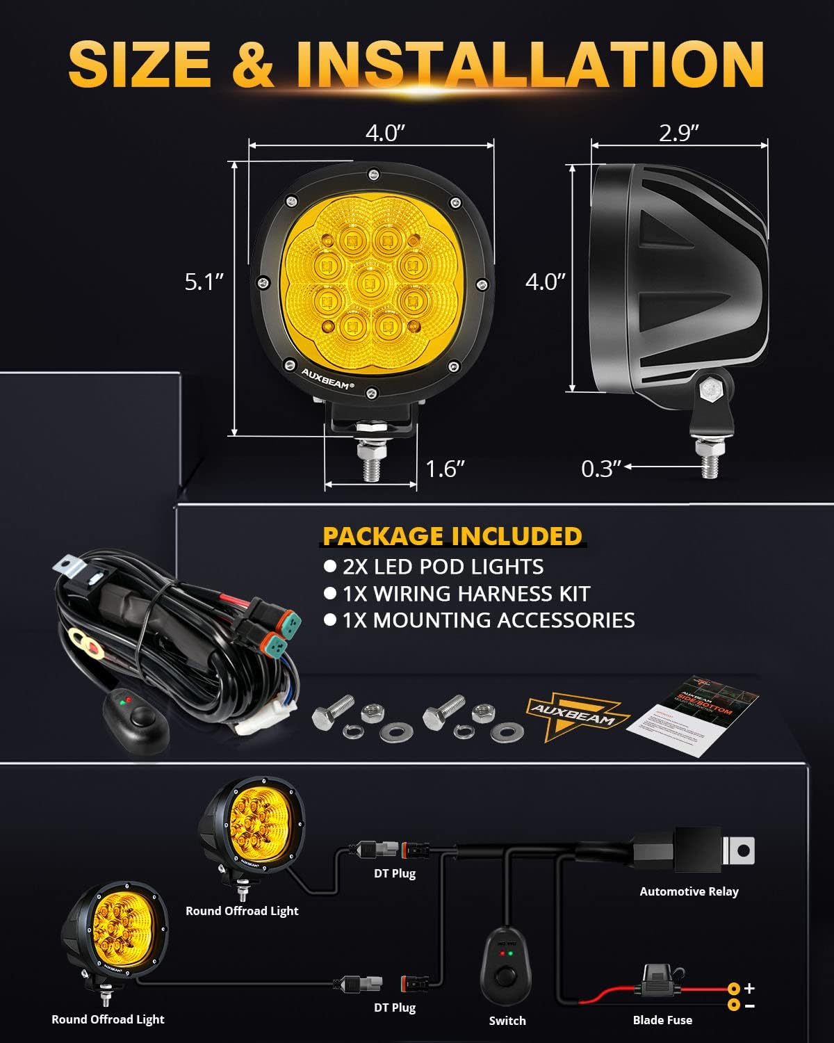 Thumbnail 4 de Auxbeam P4 Series 4" 90W Amber Flood LED Pods
