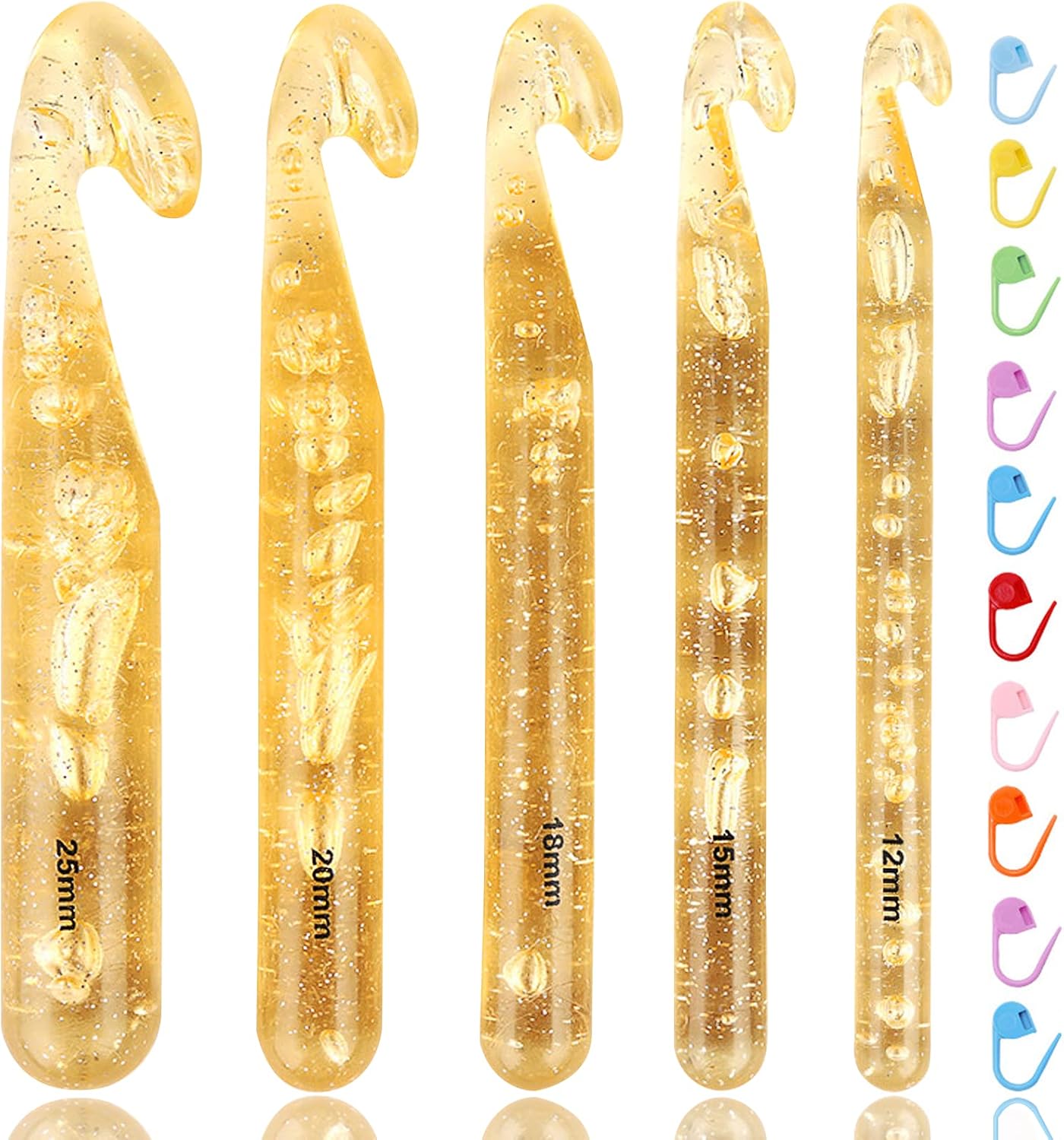 Lot de 5 grands crochets Coopay pour laine épaisse (12 à 25 mm) + 10 marqueurs de maille