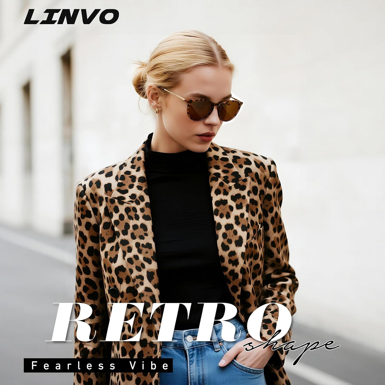 Detalle de LINVO Sonnenbrille Damen Polarisiert Retro Runde UV400 – Vintage Designer Stil