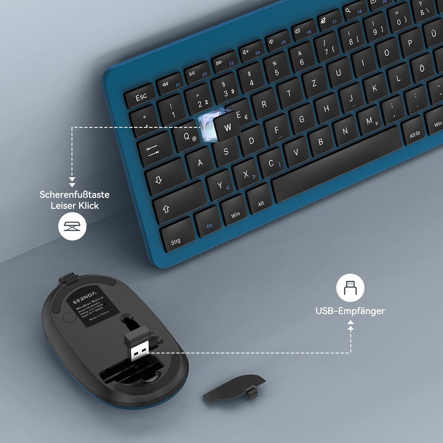 Detalle de seenda SK38-3 Tastatur-Maus-Set kabellos (QWERTZ, Schwarz/Blau) mit wiederaufladbarer Funk-Tastatur