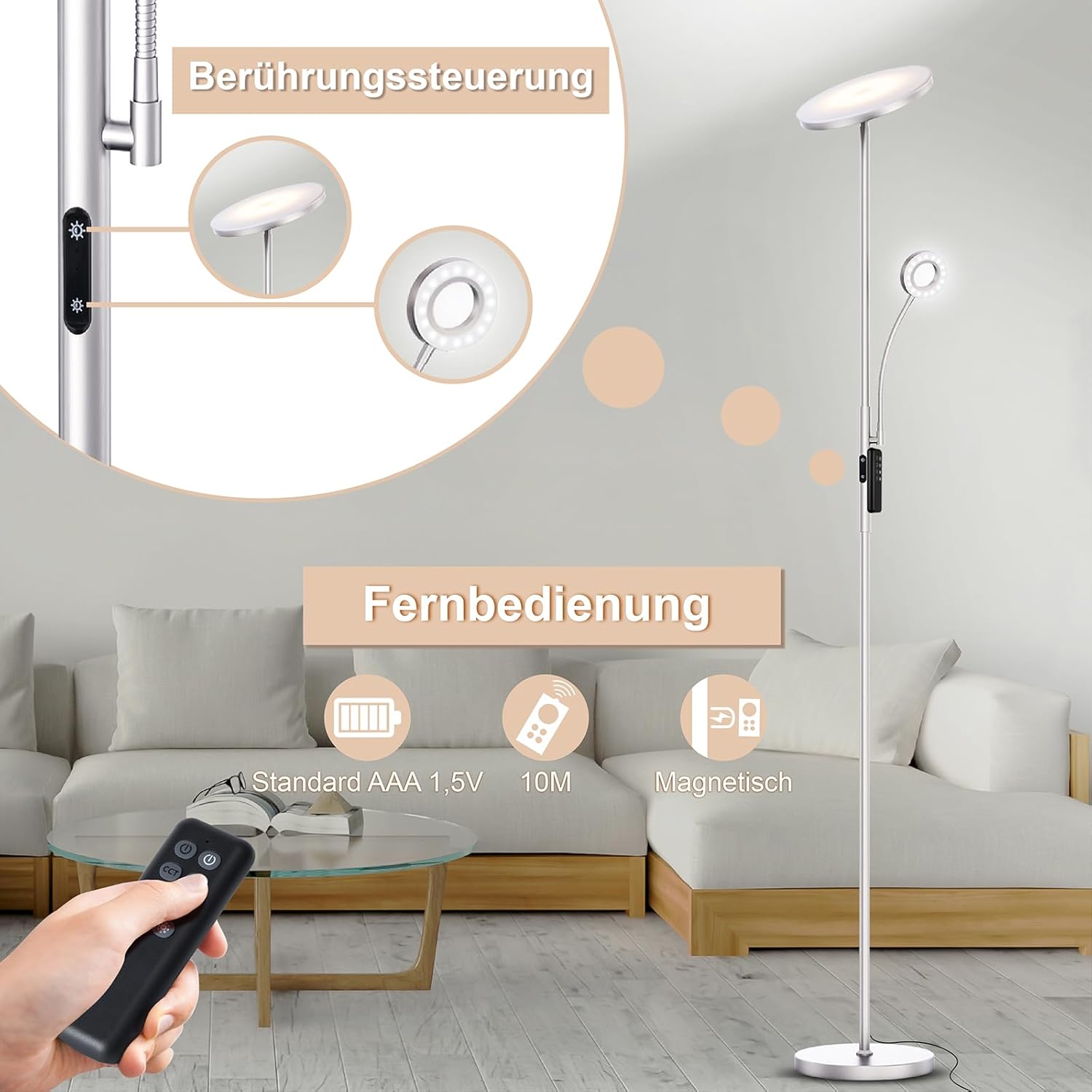 Detalle de Modlicht 35W Stehlampe LED Dimmbar Silber – 4200LM, 4 Farbtemperaturen, Fernbedienung & Touch-Steuerung