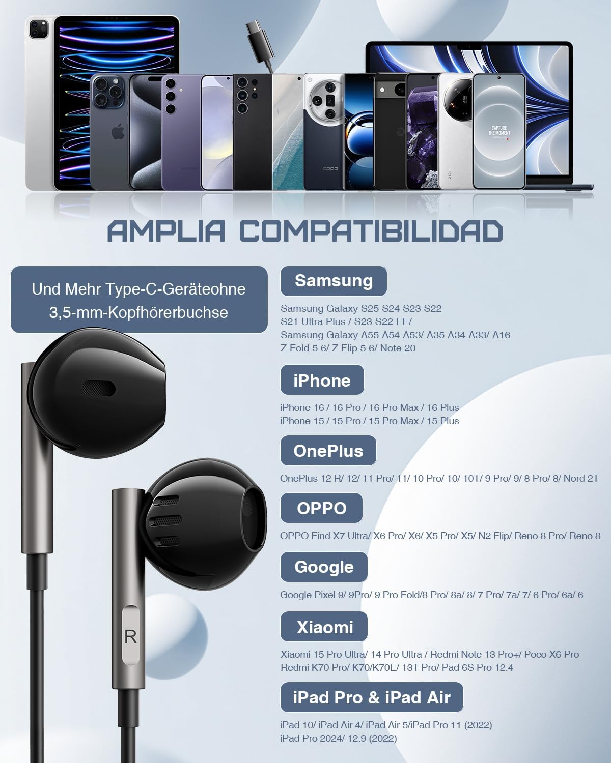 Detalle de Kopfhörer USB‑C für Samsung & Co. – Hi‑Fi Stereo, Mikrofon, DAC‑Chip