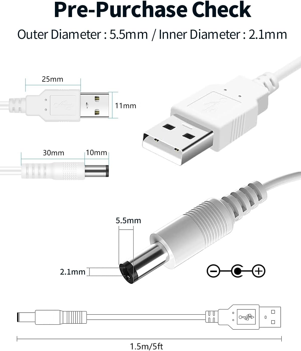 Thumbnail 1 de USB-auf-DC-5V Adapterkabel 1,5 m mit 5,5×2,1-mm Hohlstecker (Universal, weiß)