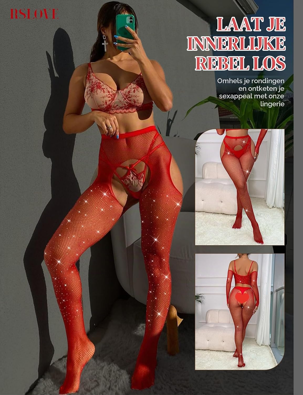Thumbnail 2 de RSLOVE Sparkle Strass visnetpanty met hoge taille