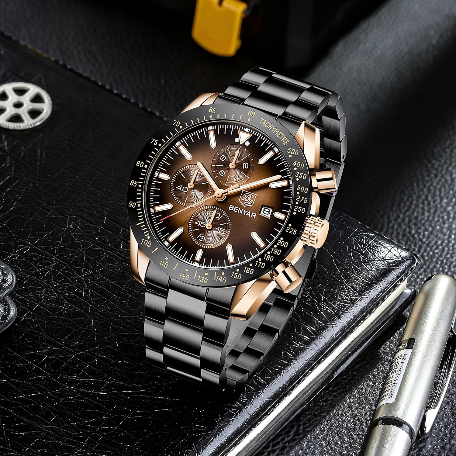 Detalle 2 de Benyar Herrenuhr mit Lederband 45 mm Chronograph