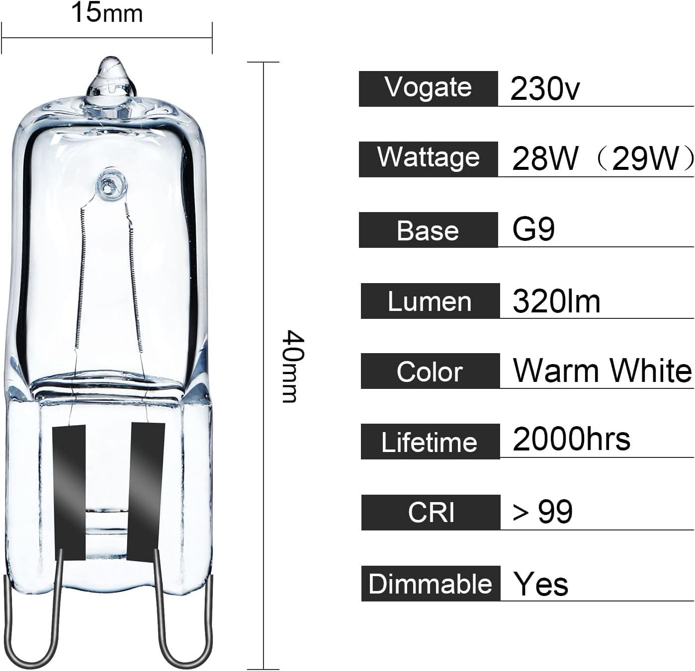 Detalle 2 de Comyan G9 Halogen 28W Warm White 2800K Bulbs