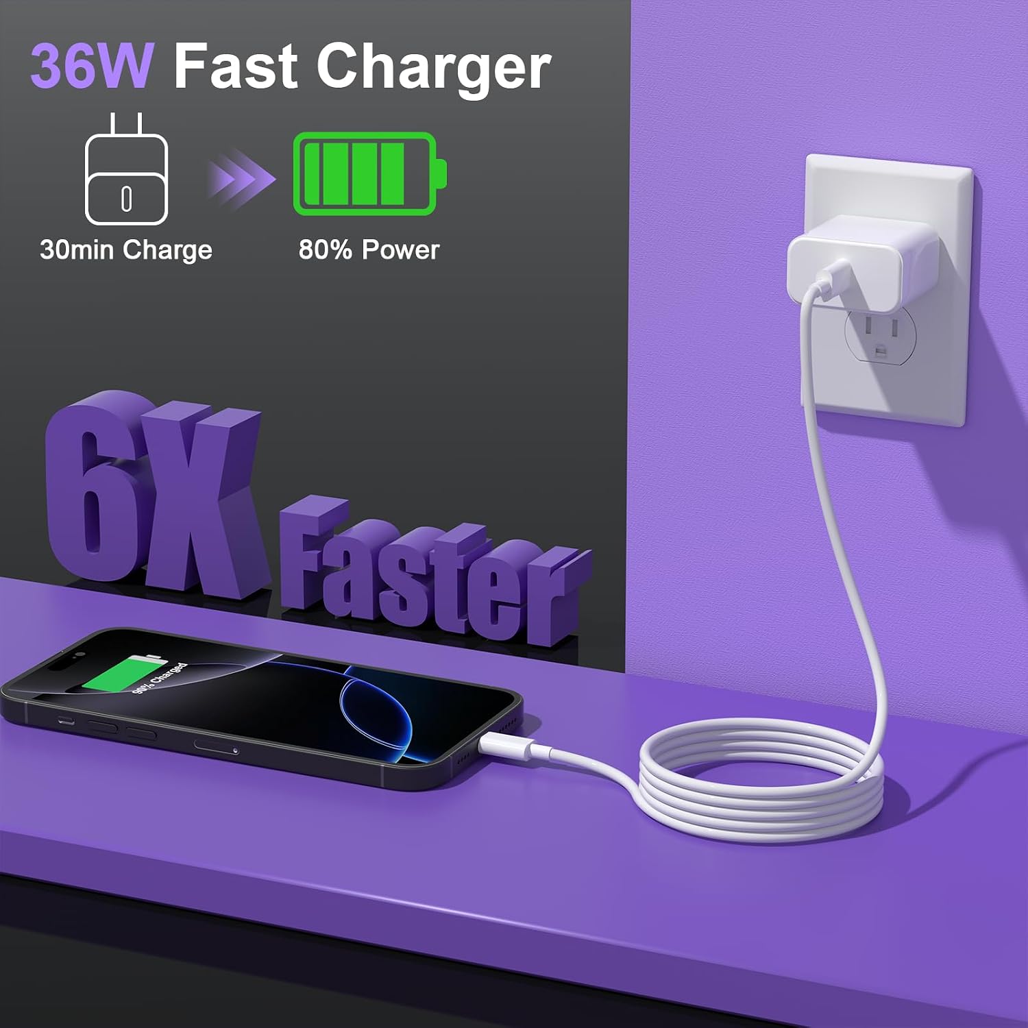 Detalle de Bayznqiu iPhone 17 45W Fast Charger with 6ft USB-C cable