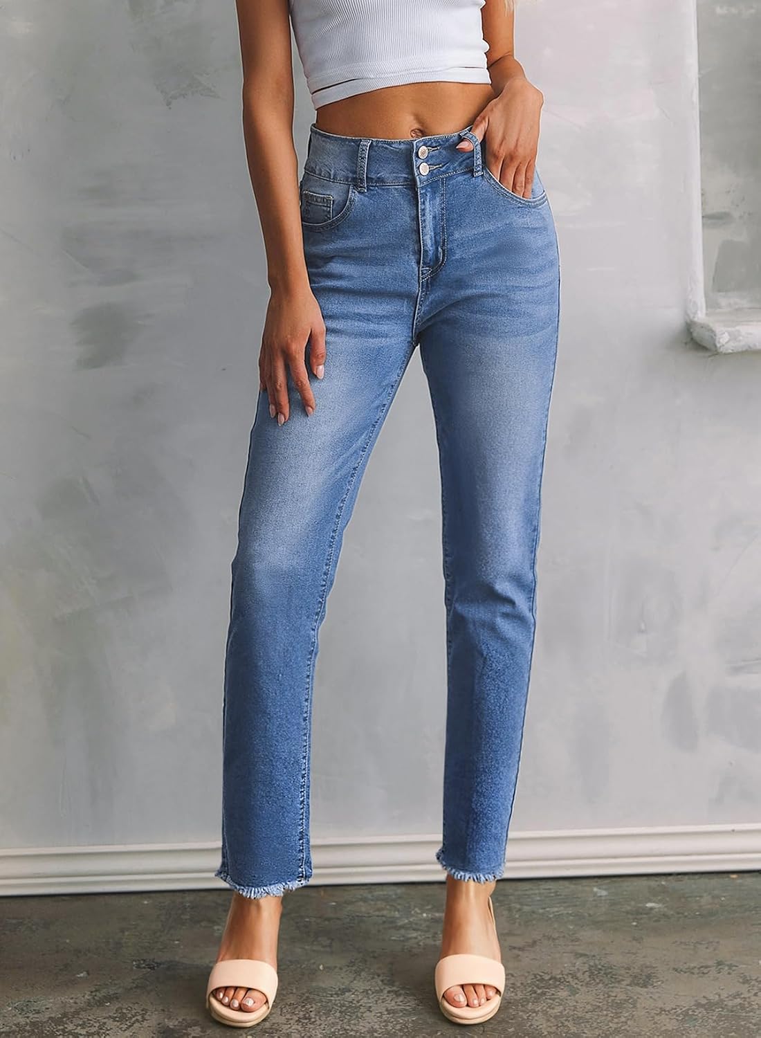 Detalle de Sidefeel Women's High Waisted Stretch Denim Jeans with Raw Hem — Straight Leg, Ankle Length, with Pockets