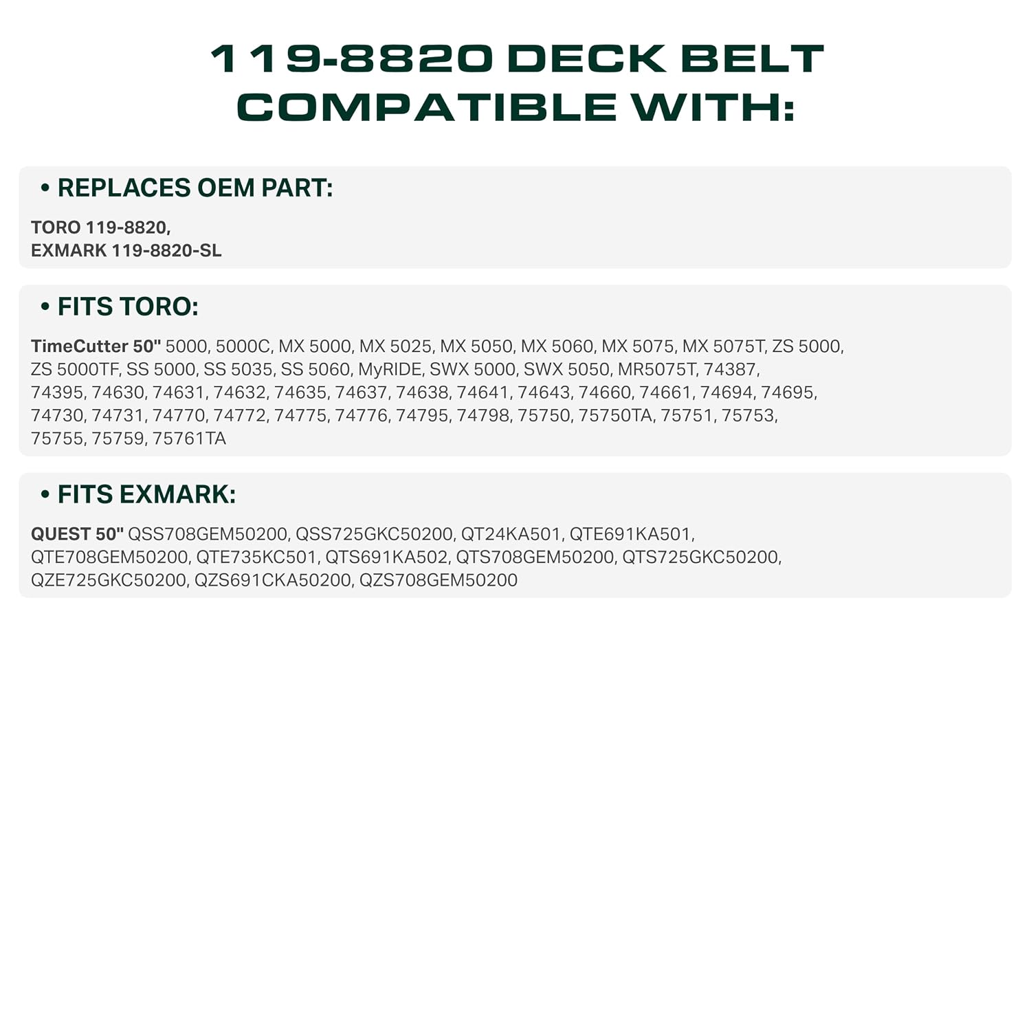 Detalle de UDC Parts 119-8820 Deck Belt Replacement (141.1 in) for Toro TimeCutter & Exmark Quest 50 in mowers