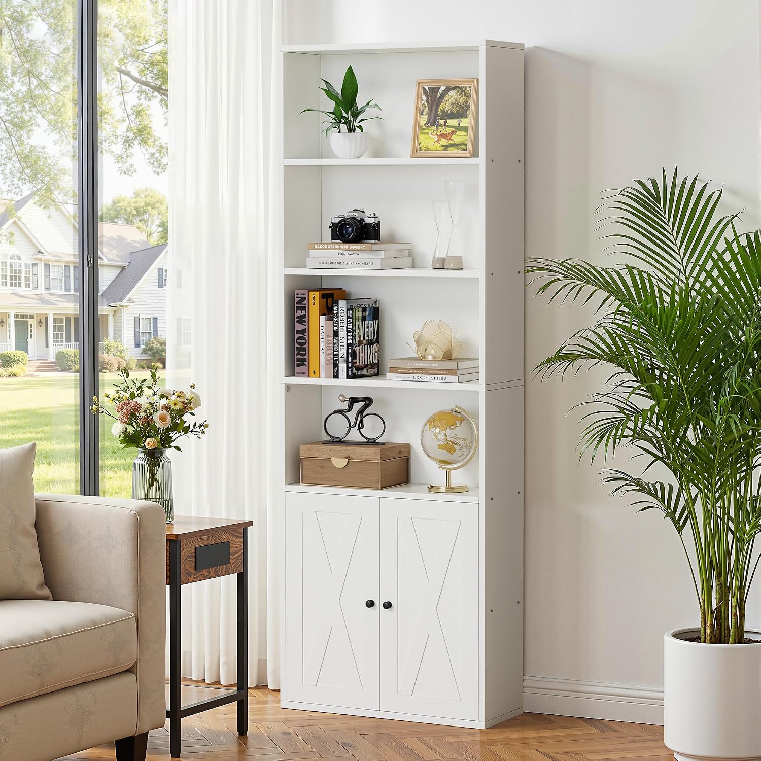 Detalle 2 de Shintenchi MSG002 Bookshelf, 6-Tier White Bookcase with Doors