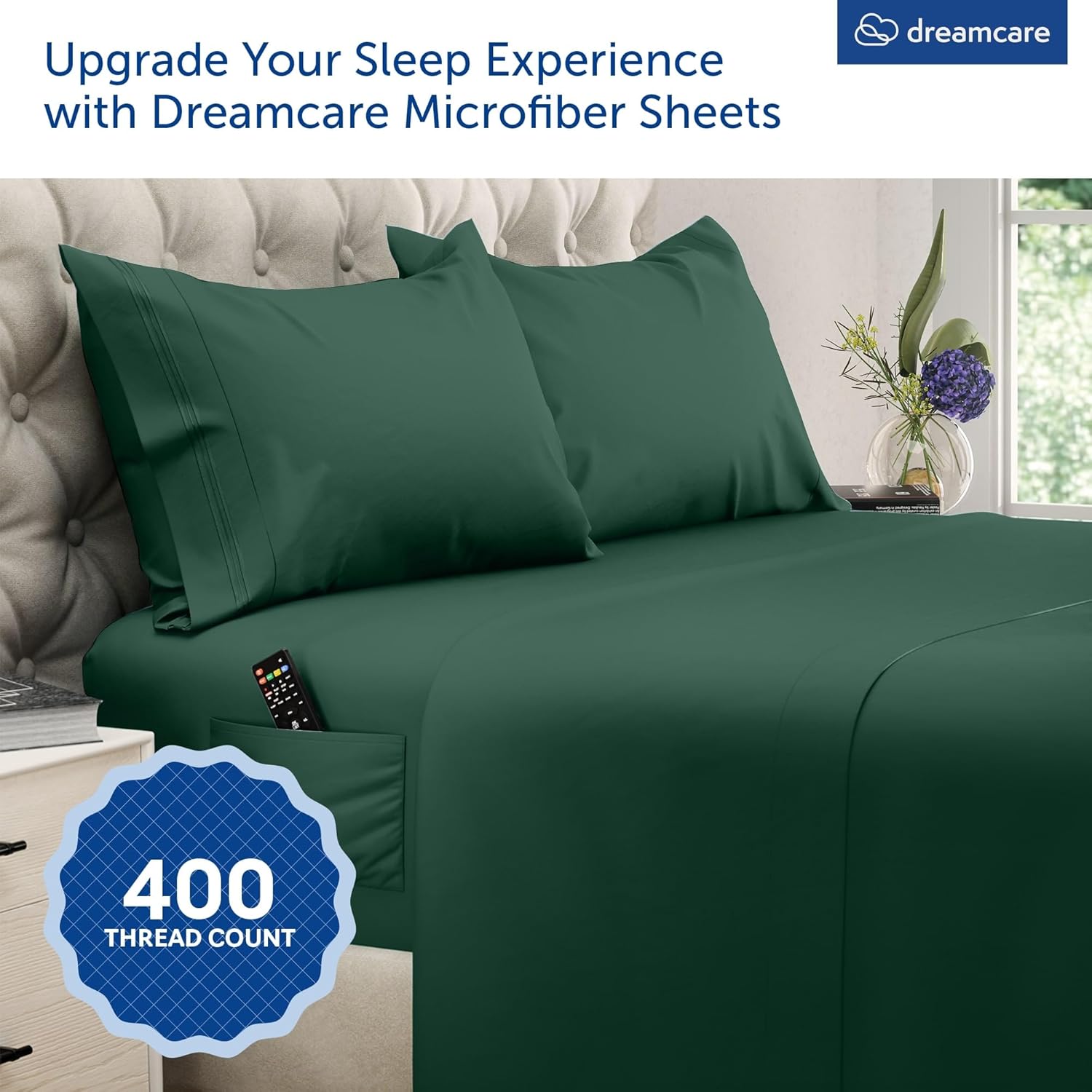 Thumbnail 1 de DREAMCARE Queen Sheet Set – 4 pcs Cooling Sheets with Extra Deep Pocket and Side Pocket (Emerald Green)