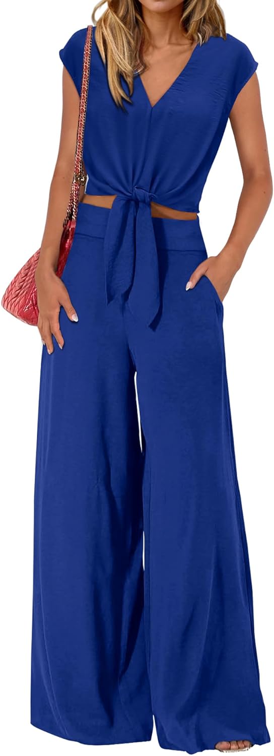 Detalle 2 de PrettyGarden Women's Summer 2-Piece Set Cap Sleeve Crop Tops & Wide Leg Pants