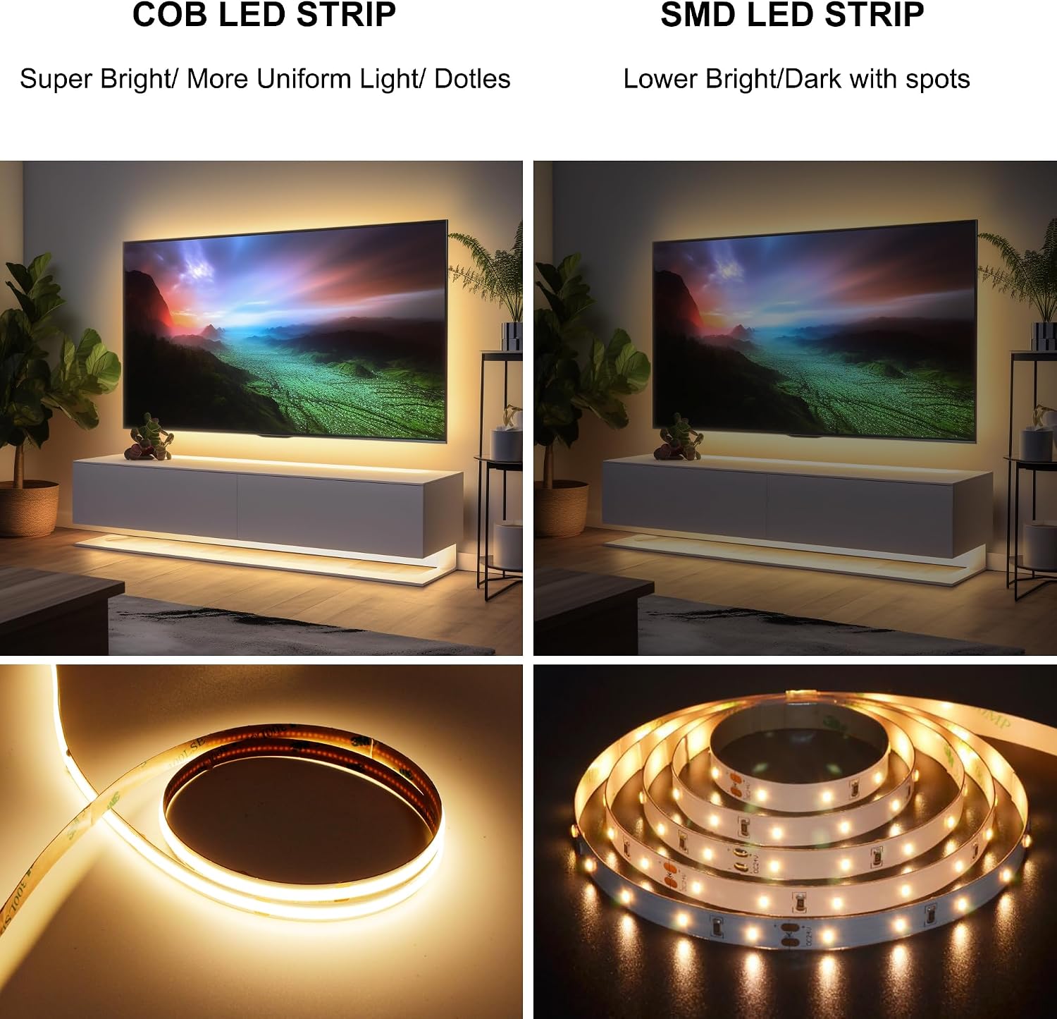 Detalle de AXMOTUT Dimmable COB LED Strip Lights 10m (2700K Warm White) with 24V COB Power, 3200 LEDs, CRI 93+