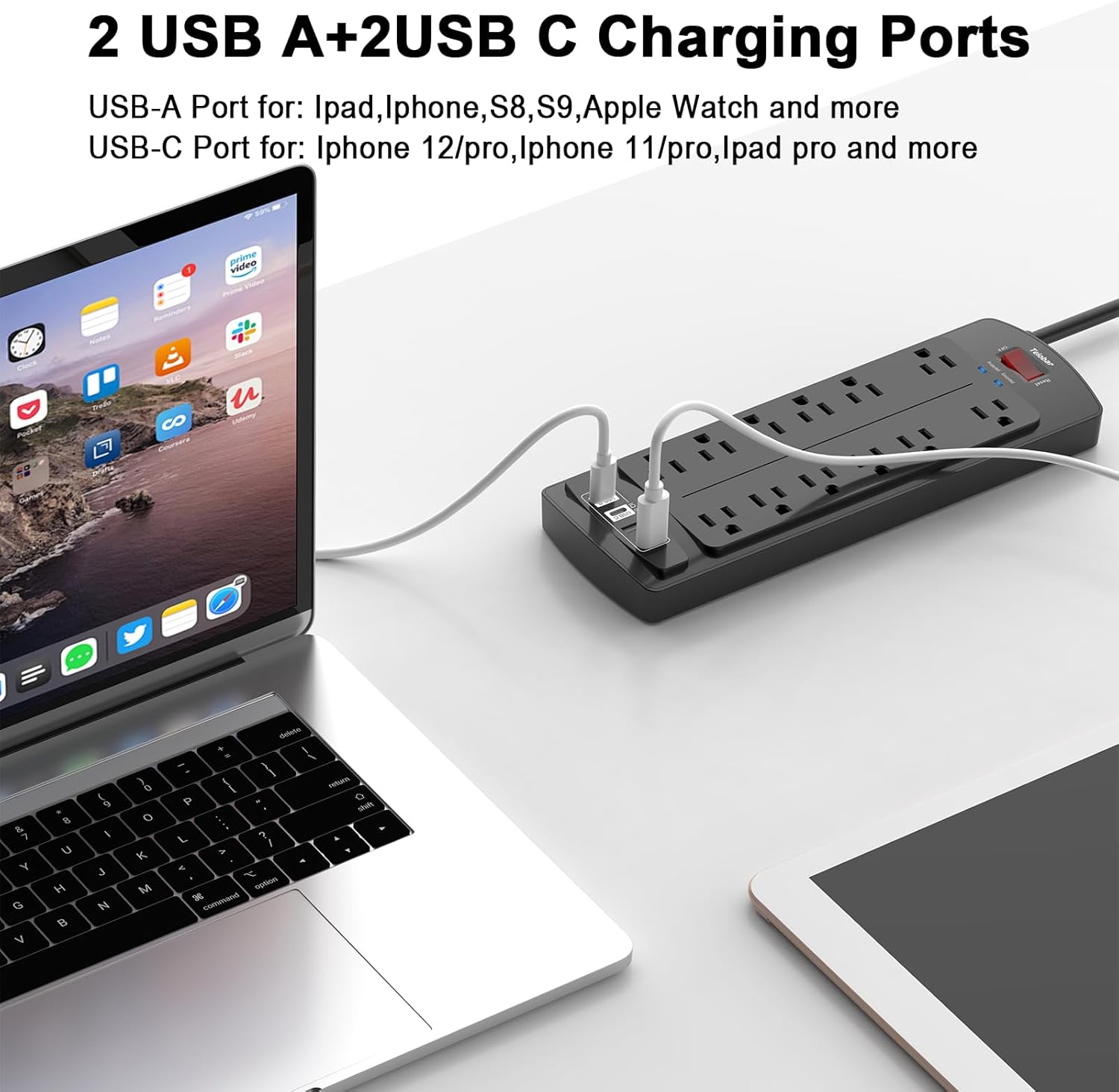 Thumbnail 2 de Teiobar 6 Ft Extension Cord Power Strip with Surge Protection, 12 AC Outlets, and 4 USB Ports (2700 Joules)