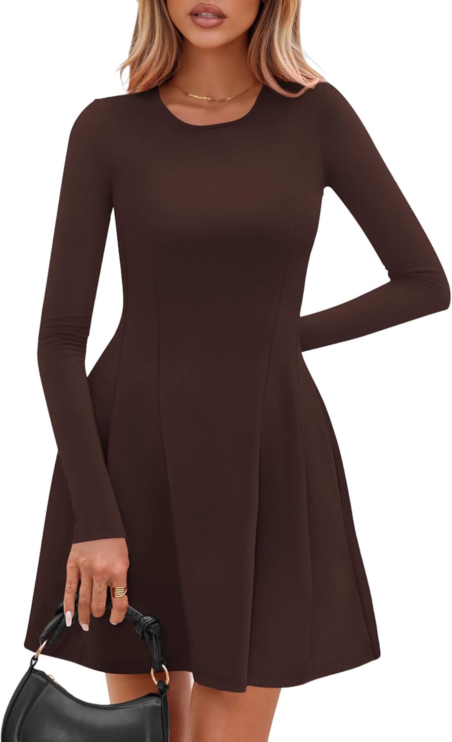 Detalle de PRETTYGARDEN Women's Pleated Knit Mini Dress, Long Sleeve A-Line