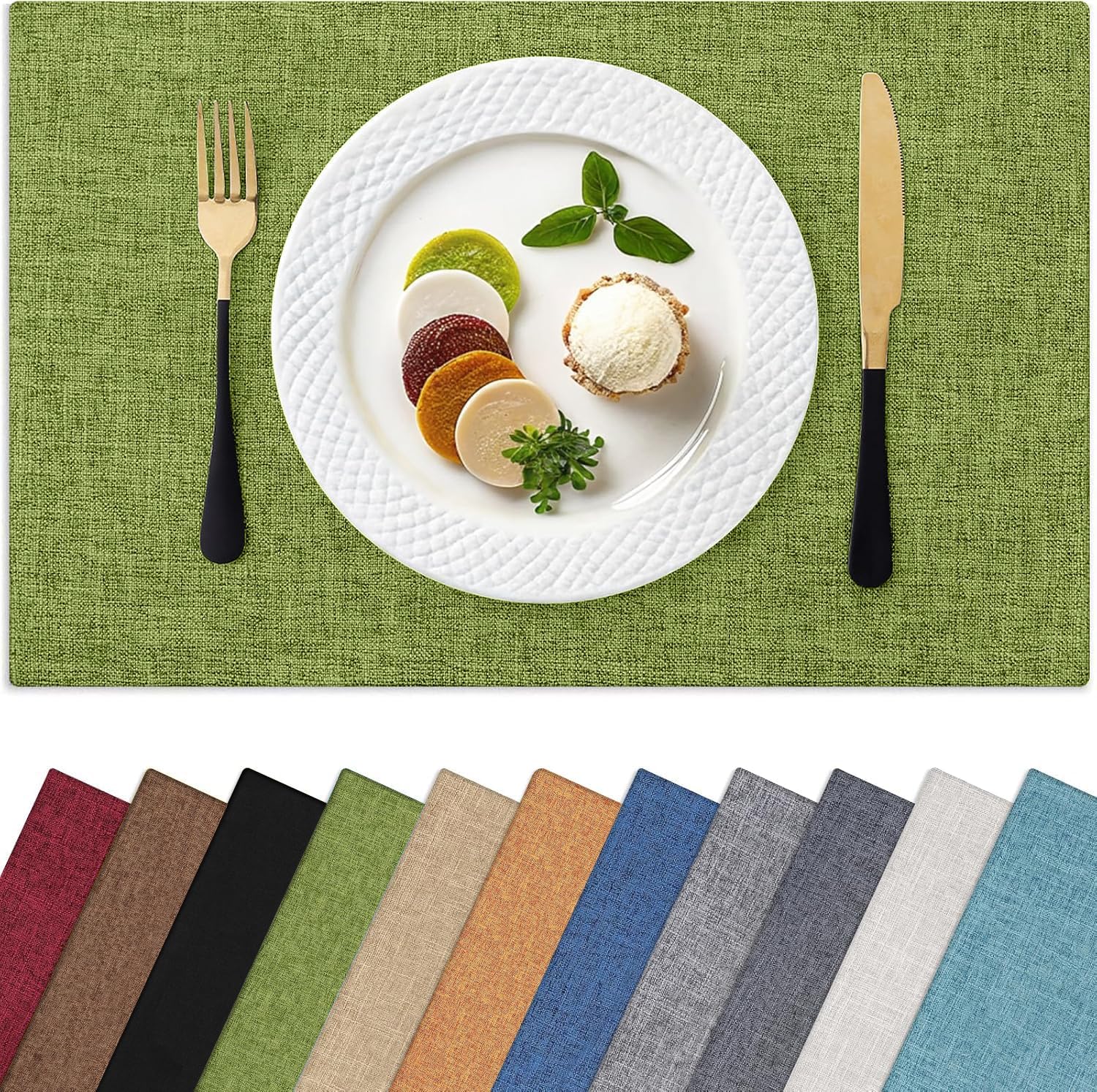 Homaxy Cloths Placemats Set of 6 (13" x 19") in Grass Green — Heat-Resistant Washable Cotton-Linen Table Mats