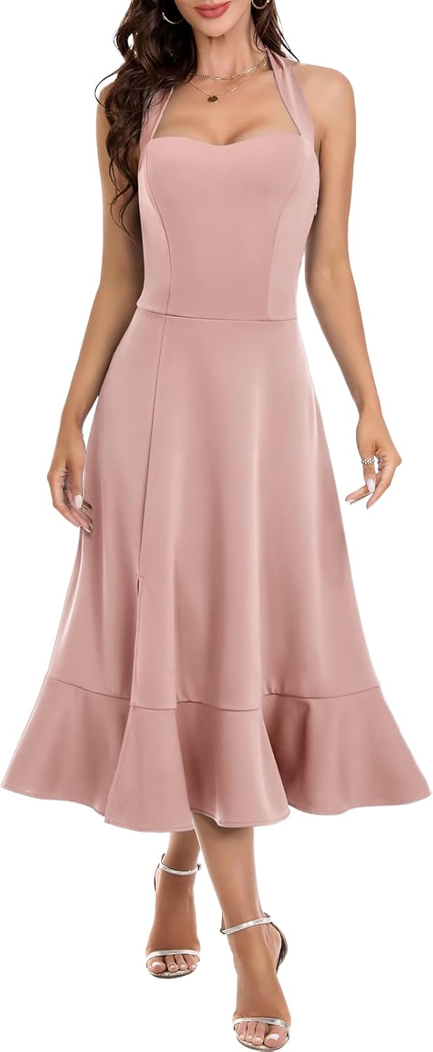 Thumbnail 6 de DRESSTELLS Women's Halter Cocktail Dress – Halter Neck Lace, Ruffle Layers & Split Hem