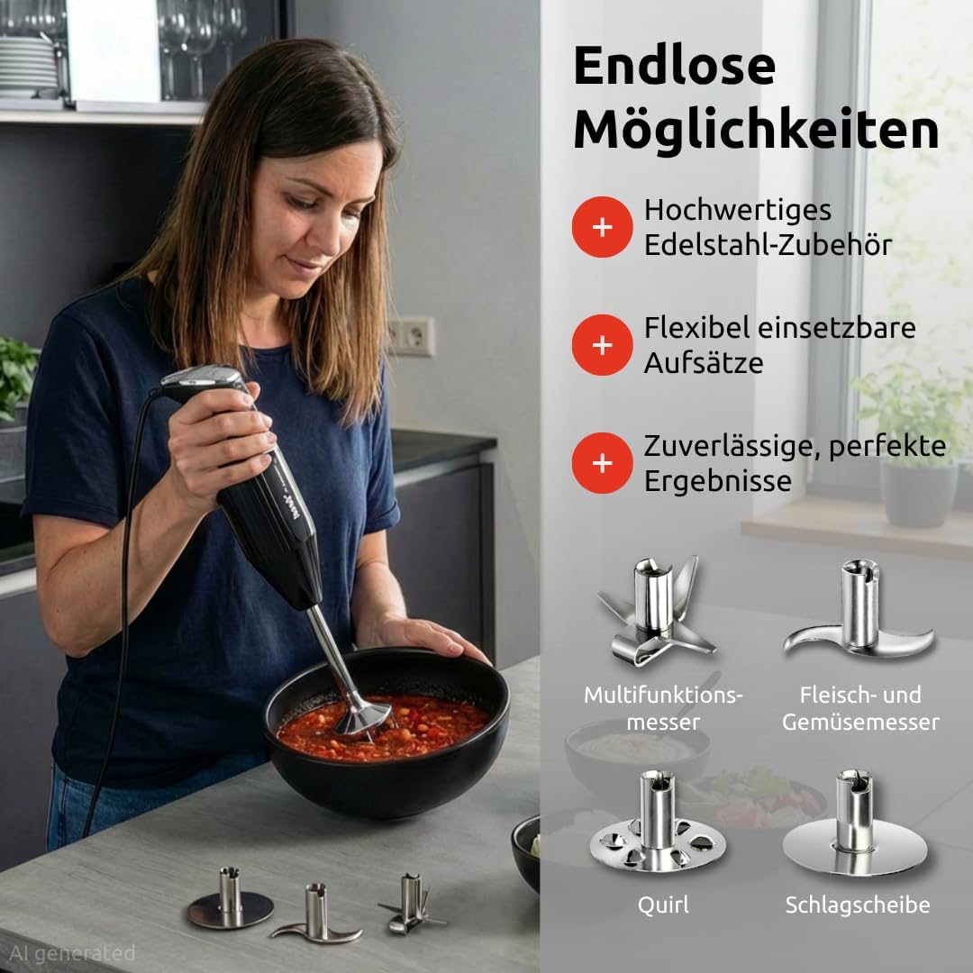 Thumbnail 5 de bamix Stabmixer Set M350 MAXX (300 Watt) inkl. Zubehör: Multifunktions-, Fleisch- & Gemüsemesser, Quirl und Schlagscheibe