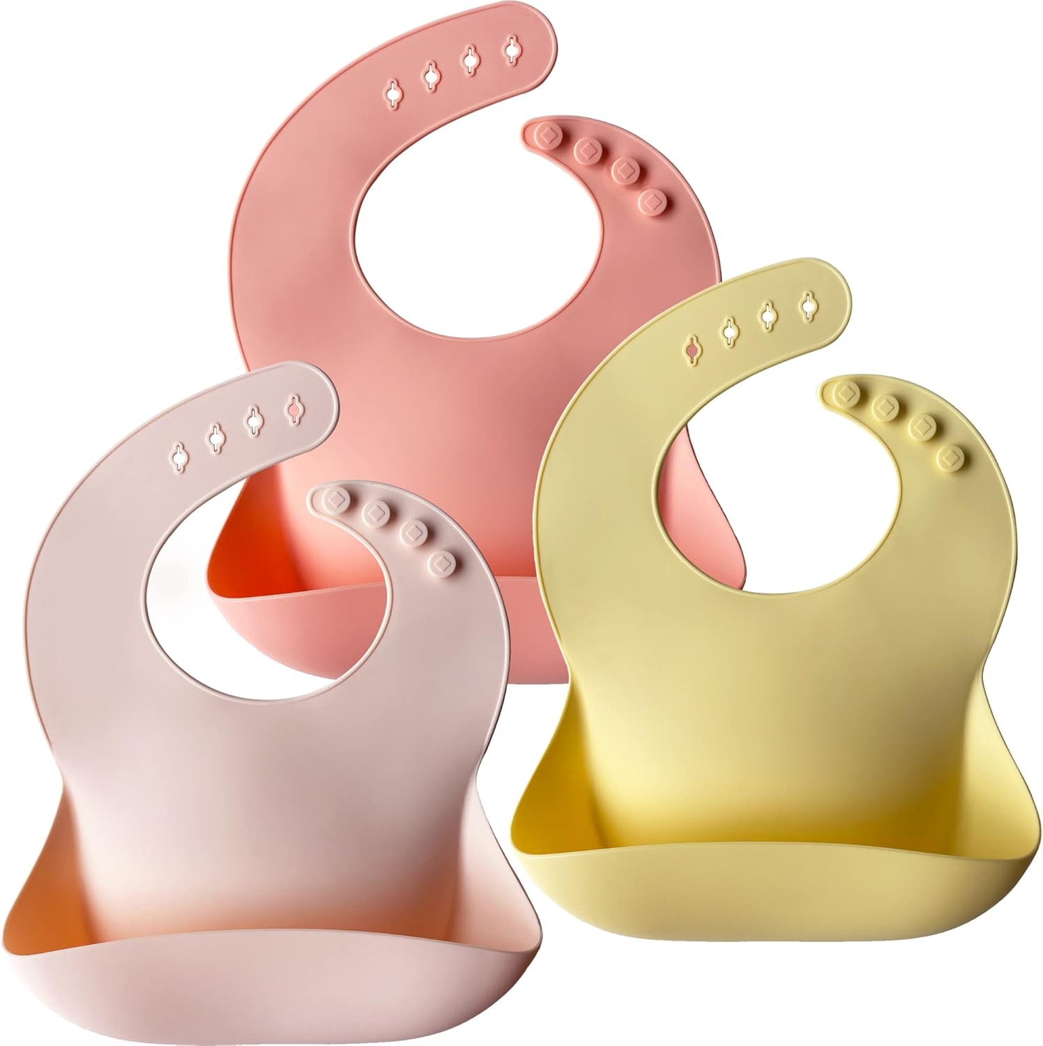 Detalle de Moonkie Baby Bibs: 3-Pack Silicone Waterproof Feeding Bibs for Babies and Toddlers (Pink/Pastel Yellow/Soft Pink)