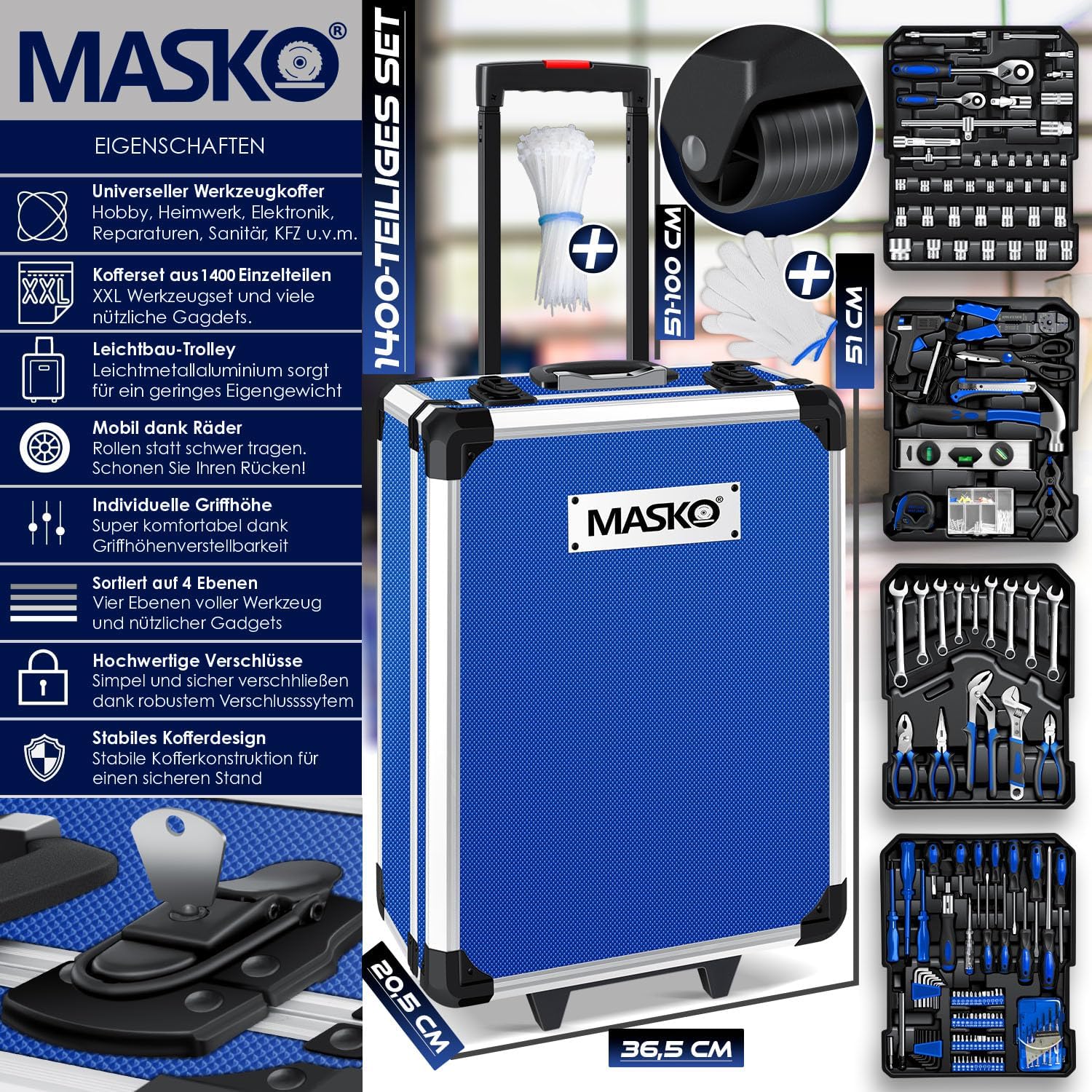 Thumbnail 1 de MASKO Werkzeugkoffer 1400-teilig gefüllt – Aluminiumkoffer mit Trolley-Funktion