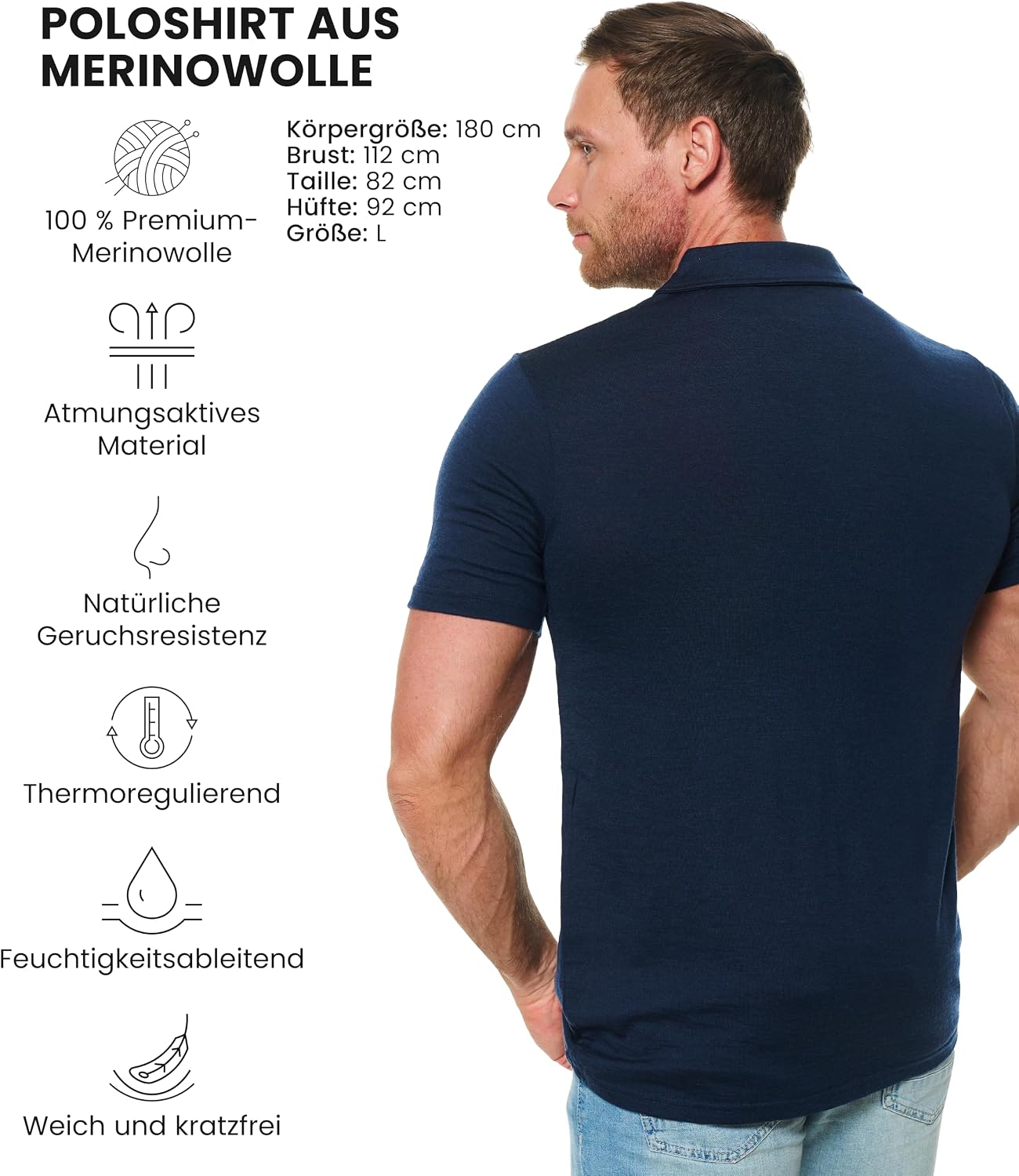 Detalle de Merino Poloshirt Herren Kurzarm Langarm