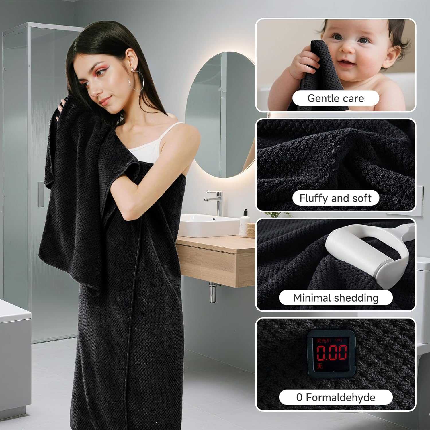 Detalle de REDKISS 6-Piece Bath Towel Set: Ultra-Fiber Coral Fleece, 2 Washcloths, 2 Hand Towels, 2 Bath Towels — Black