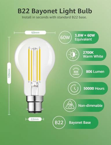 Thumbnail 3 de Lepro Bayonet Light Bulb A-Rated, 3.8W (60W), 806lm, Warm White – Pack of 2