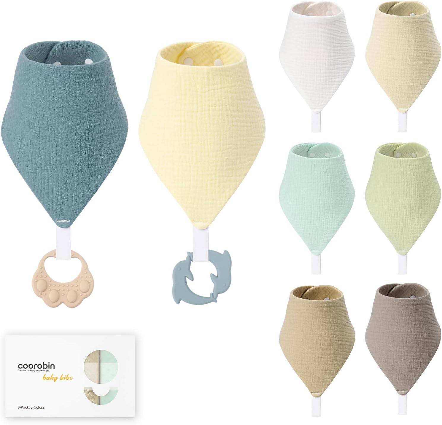 Detalle de COOROBIN 8-Pack Muslin Baby Bibs with 2 Teethers, Adjustable 100% Cotton
