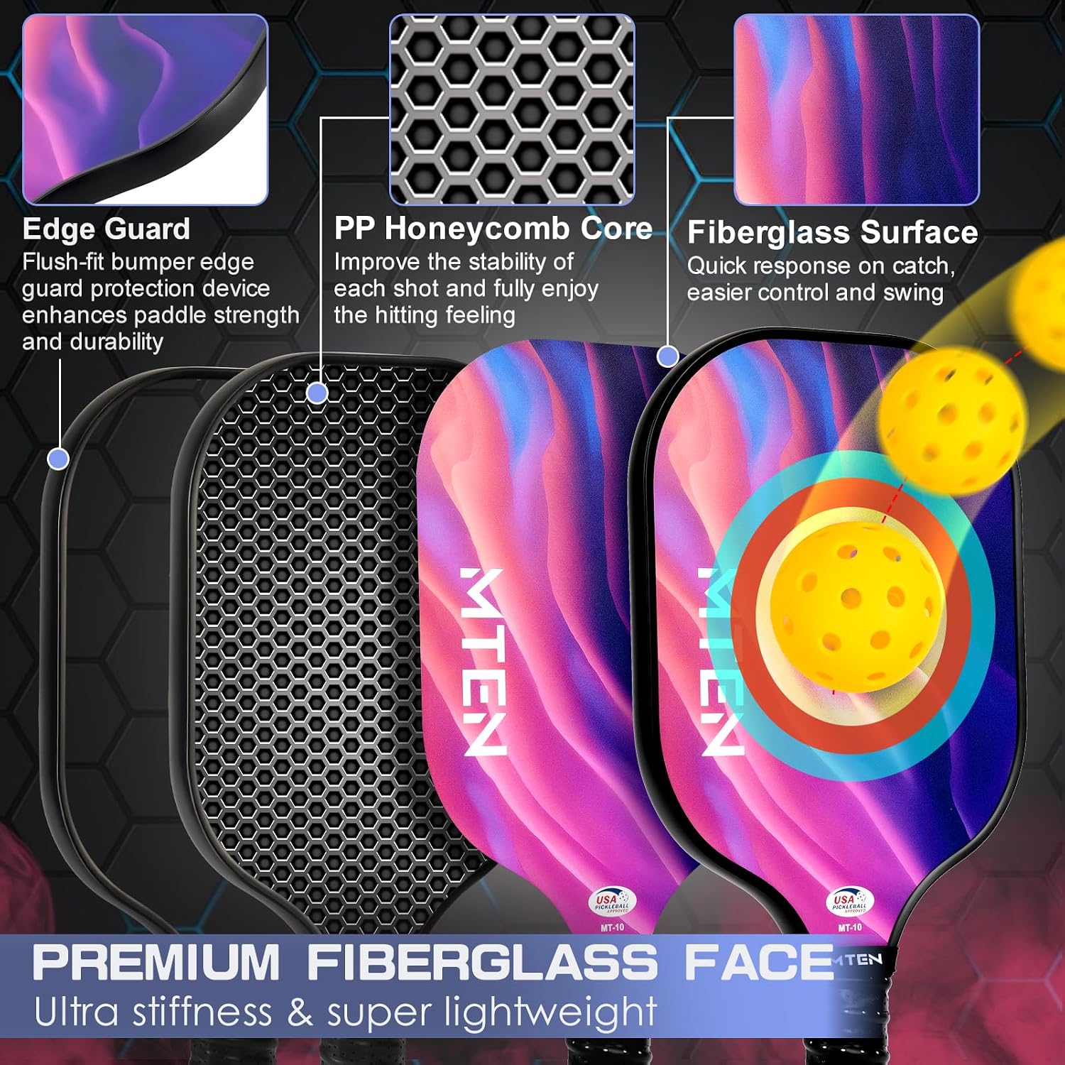 Thumbnail 2 de MTEN Fiberglass Pickleball Paddle Set, 2 Paddles with Honeycomb Core