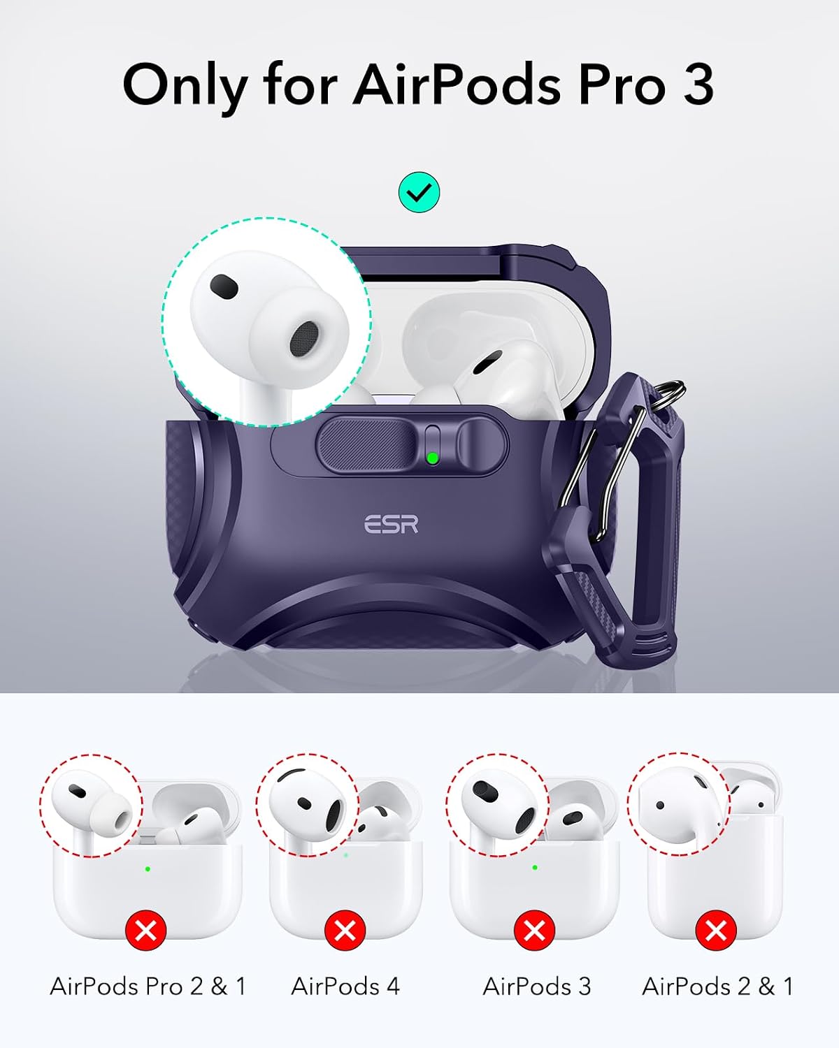 Detalle 2 de ESR Hülle für AirPods Pro 3 (2025) mit USB‑C – MagSafe, schiebbarer Verschluss, stoßsicher (Cyber-Serie, Lila)