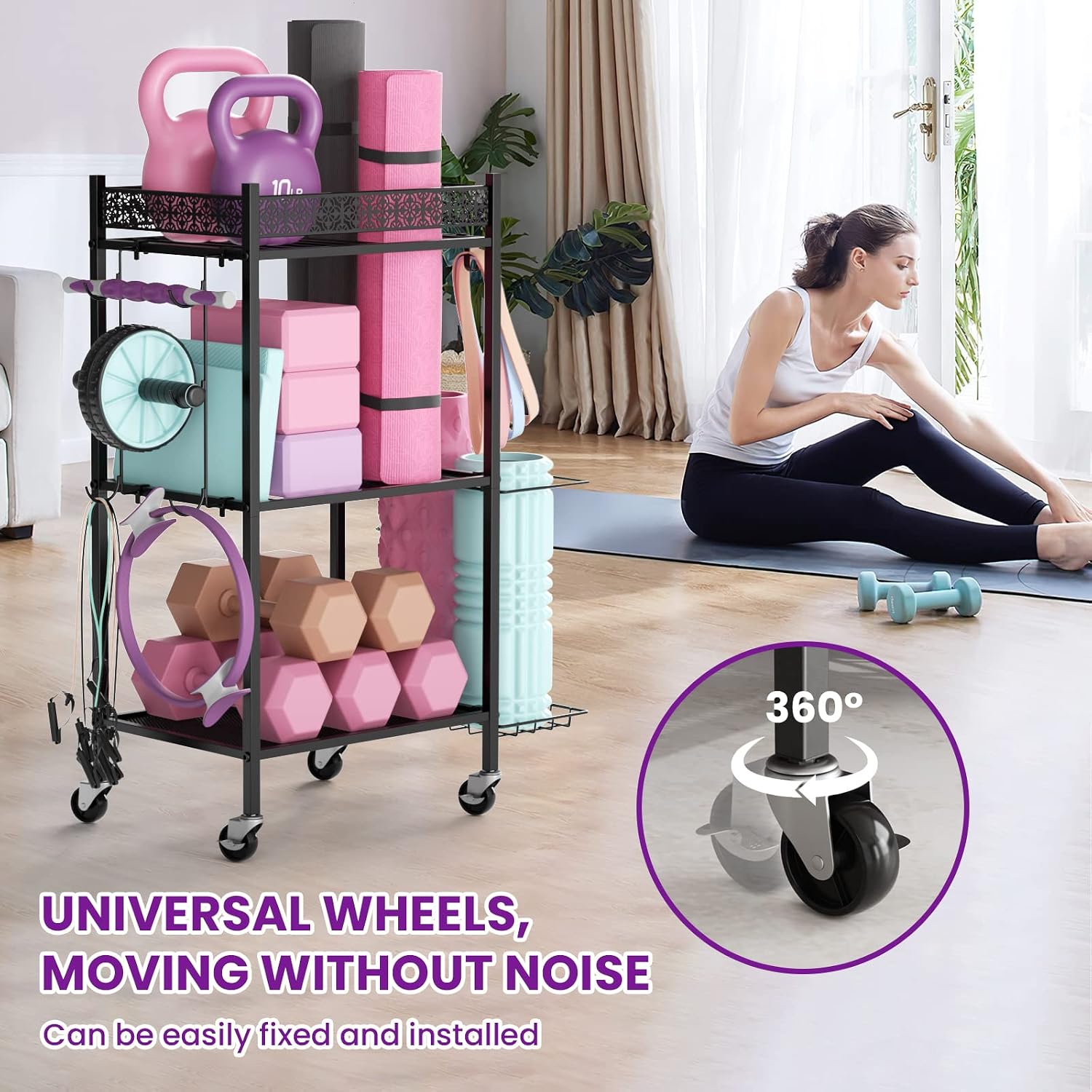 Detalle de VOPEAK Yoga Mat Storage Rack, 3-Tier Metal Organizer with Locking Wheels