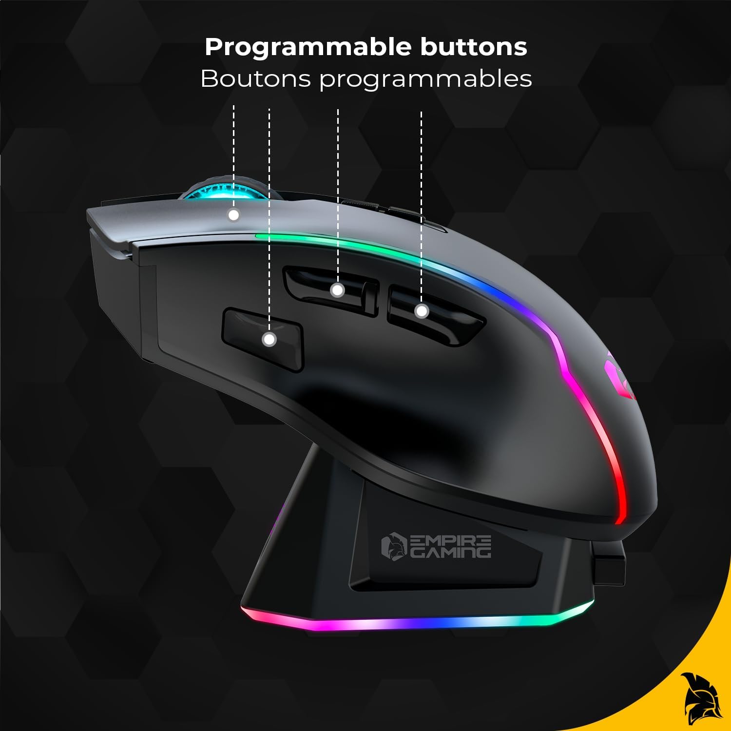 Thumbnail 3 de EMPIRE GAMING RF908 : souris gamer sans fil rechargeable avec station magnétique RGB (10000 DPI, 8 boutons)